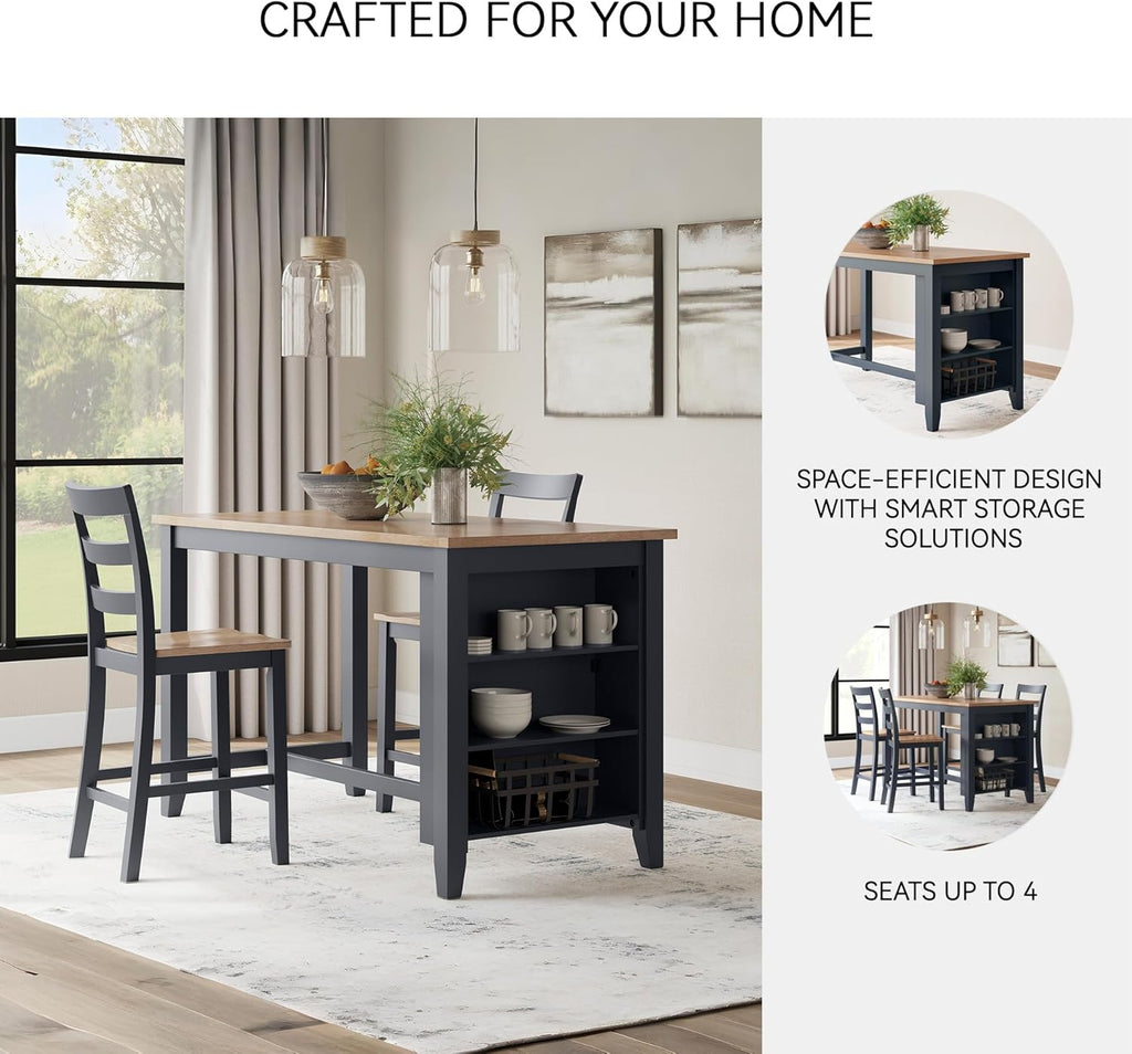 Signature Design by Ashley Gesthaven Modern Counter Height Dining Table with 3 Shelves and Trestle Base, Light Brown & Blue