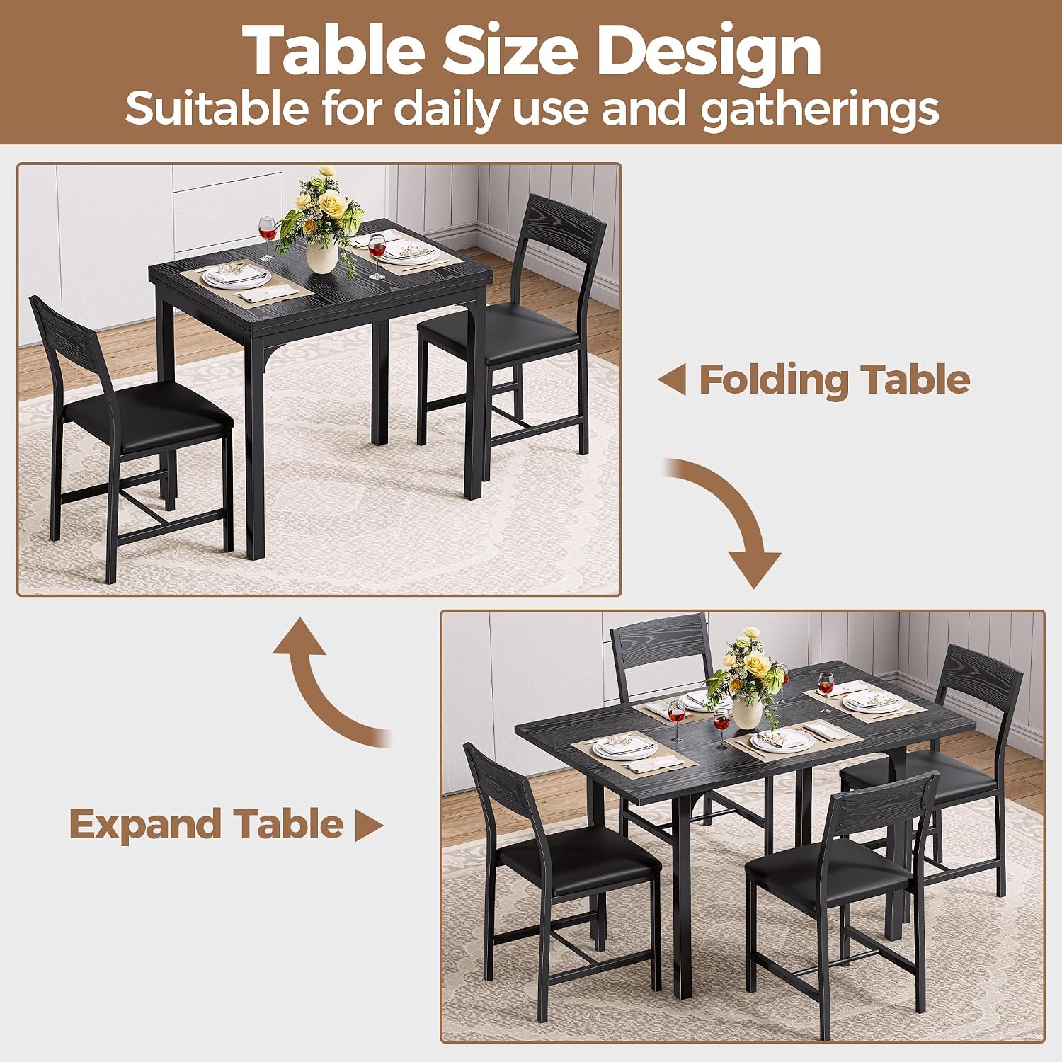 IRONCK 5-Piece Dining Table Set for 4, Extendable Kitchen Table Chairs Set of 4, Dining Room Table with 4 Upholstered Chairs, Folding for Small Space, Apartment, Black