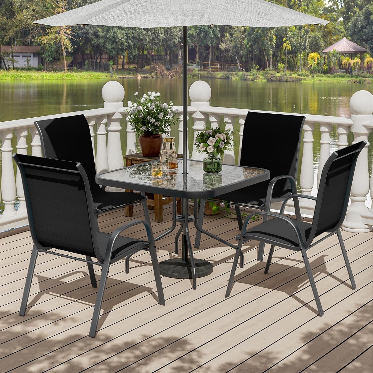 UDPATIO Patio Chairs Set of 4, Stackable Outdoor Dining Chairs with High Back, Breathable Textilene Fabric Outdoor Chair All Weather, for Garden, Backyard (Black)