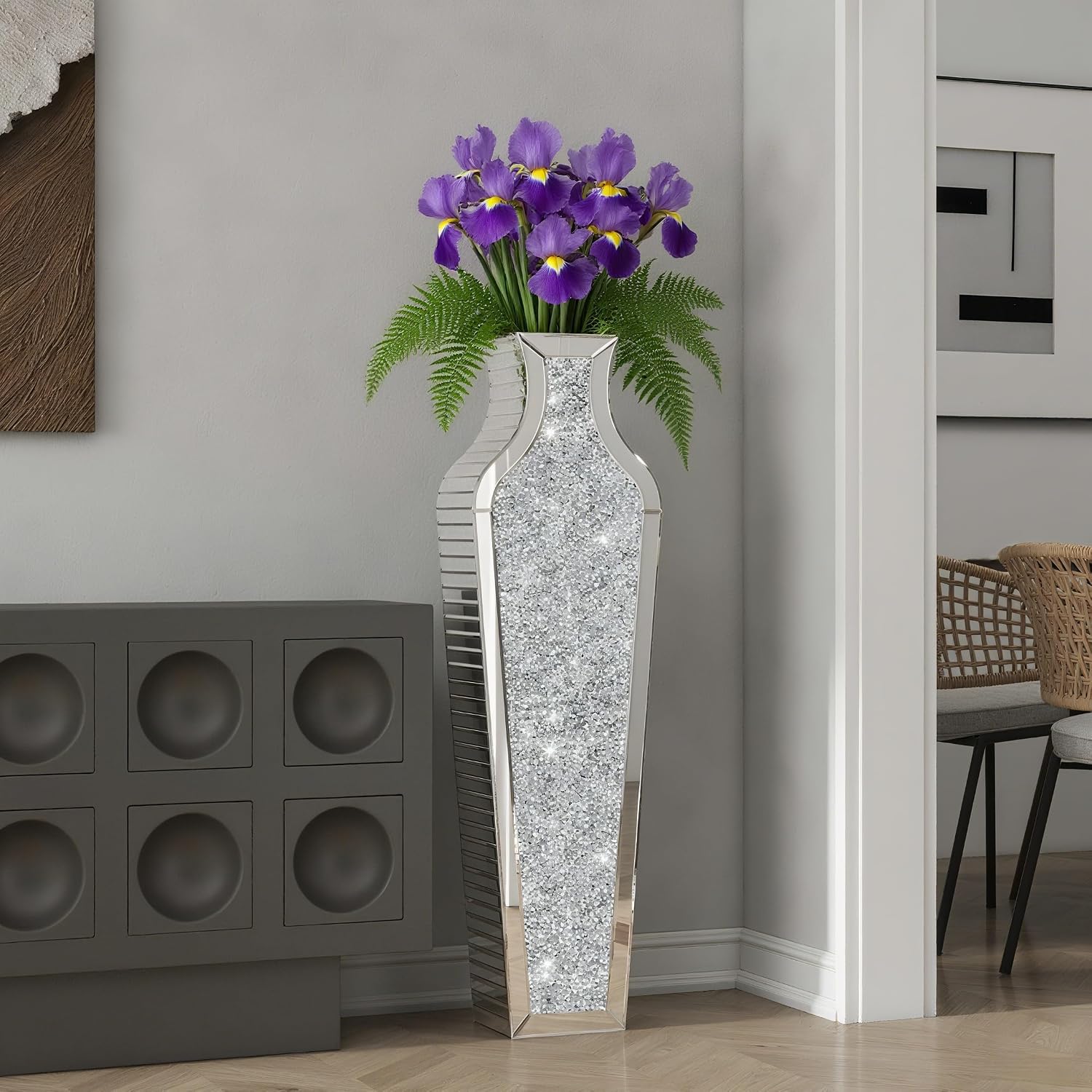 SHYFOY 43' Extra Large Floor Vase Oversized Crushed Diamond Mirrored Vase Silver Big Crystal Vases for Home Decor Living Room Floor
