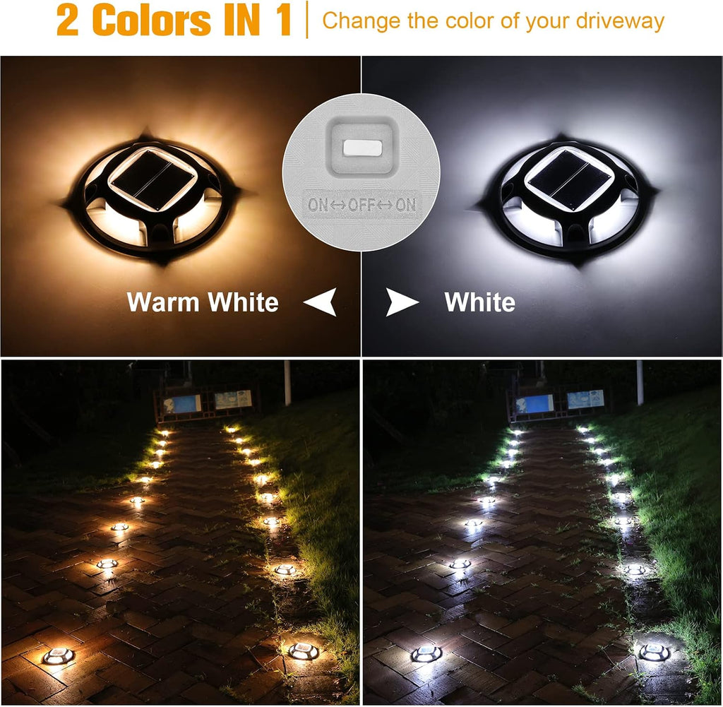 VOLISUN Solar Driveway Lights Dock Marine Lights 24 Pack,2 Colors in 1,Outdoor LED Deck Lights,Solar Powered Waterproof Warning Step Lights for Driveway Sidewalk Pathway (White/Warm White)