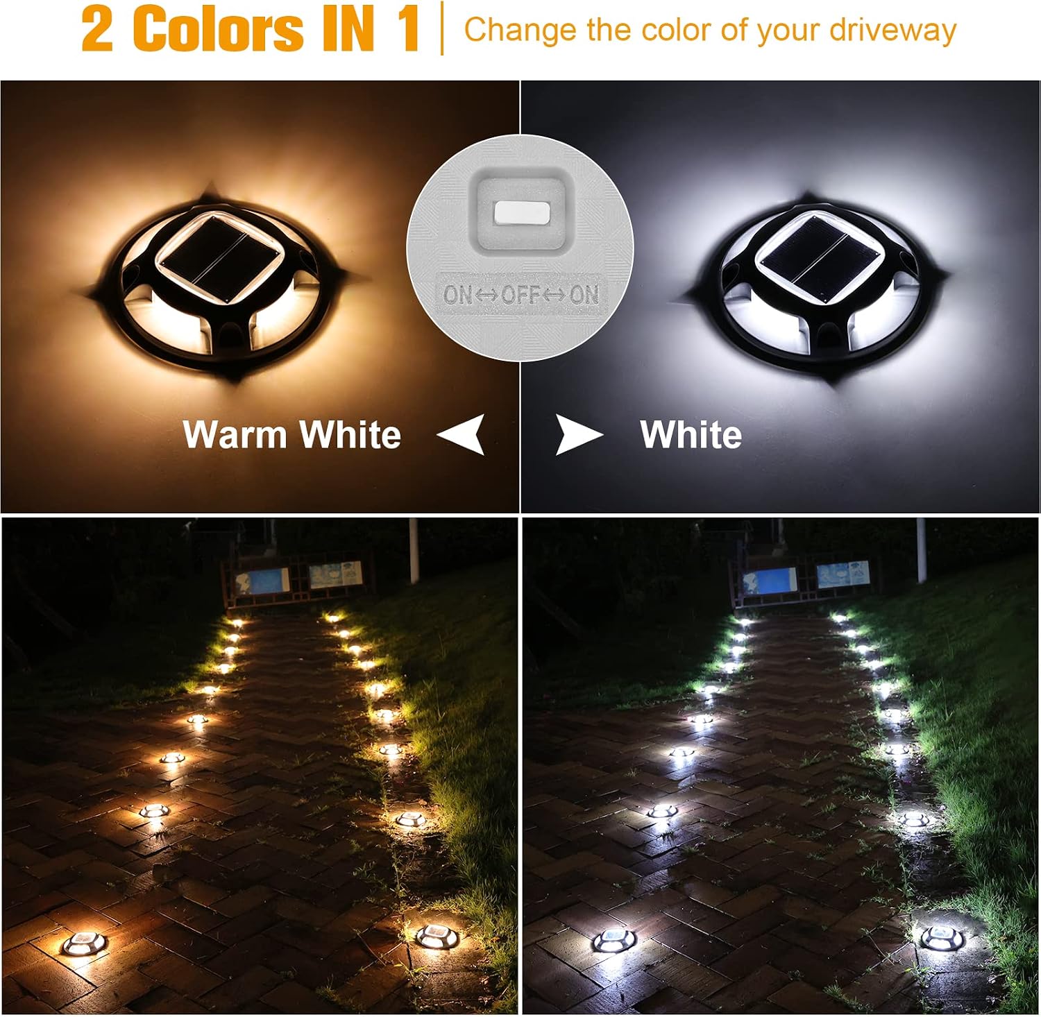 VOLISUN Solar Driveway Lights Dock Marine Lights 24 Pack,2 Colors in 1,Outdoor LED Deck Lights,Solar Powered Waterproof Warning Step Lights for Driveway Sidewalk Pathway (White/Warm White)