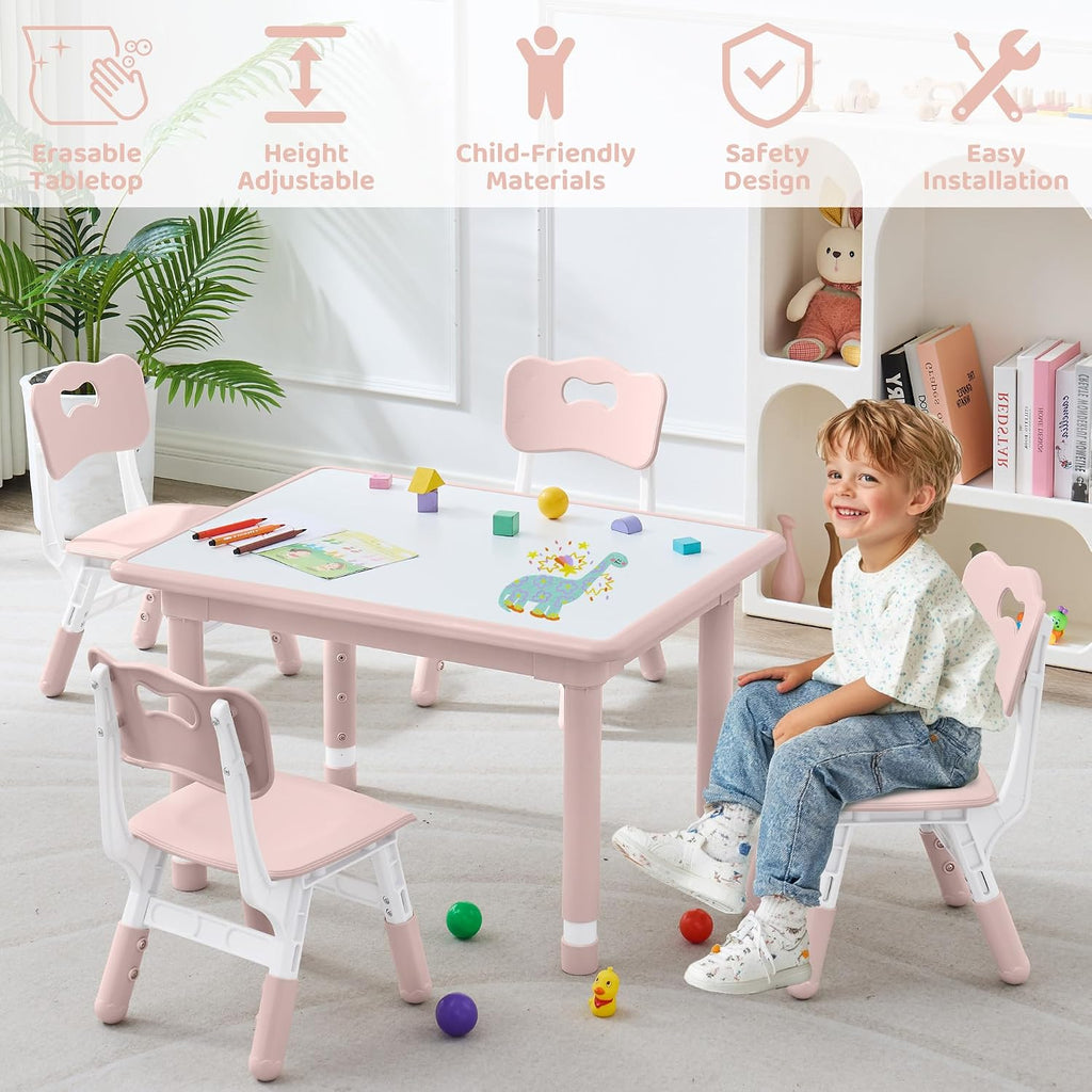 DOREROOM Kids Table and 4 Chairs Set, Height Adjustable (17.7'-26.1') Toddler Table and Chair Set, Multi-Activity Table with Graffiti Desktop, Children's Table and Chairs for Classroom, Home & Daycare