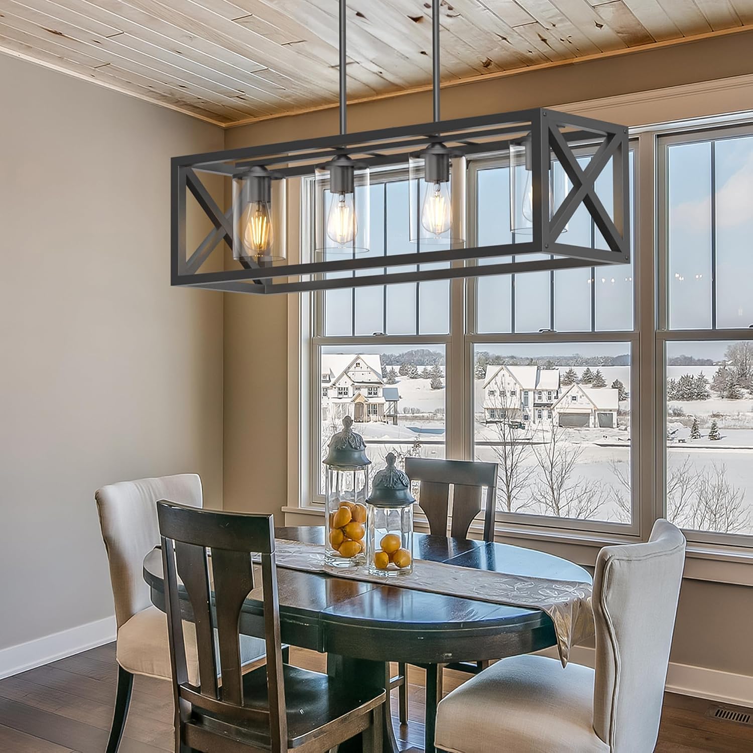 Farmhouse Dining Room Light Fixture - 4 Light Kitchen Island Lighting with Adjustable Height & Thickened Metal Dining Room Light Fixture Over Table，Chandeliers for Dining Room&Kitchen Island