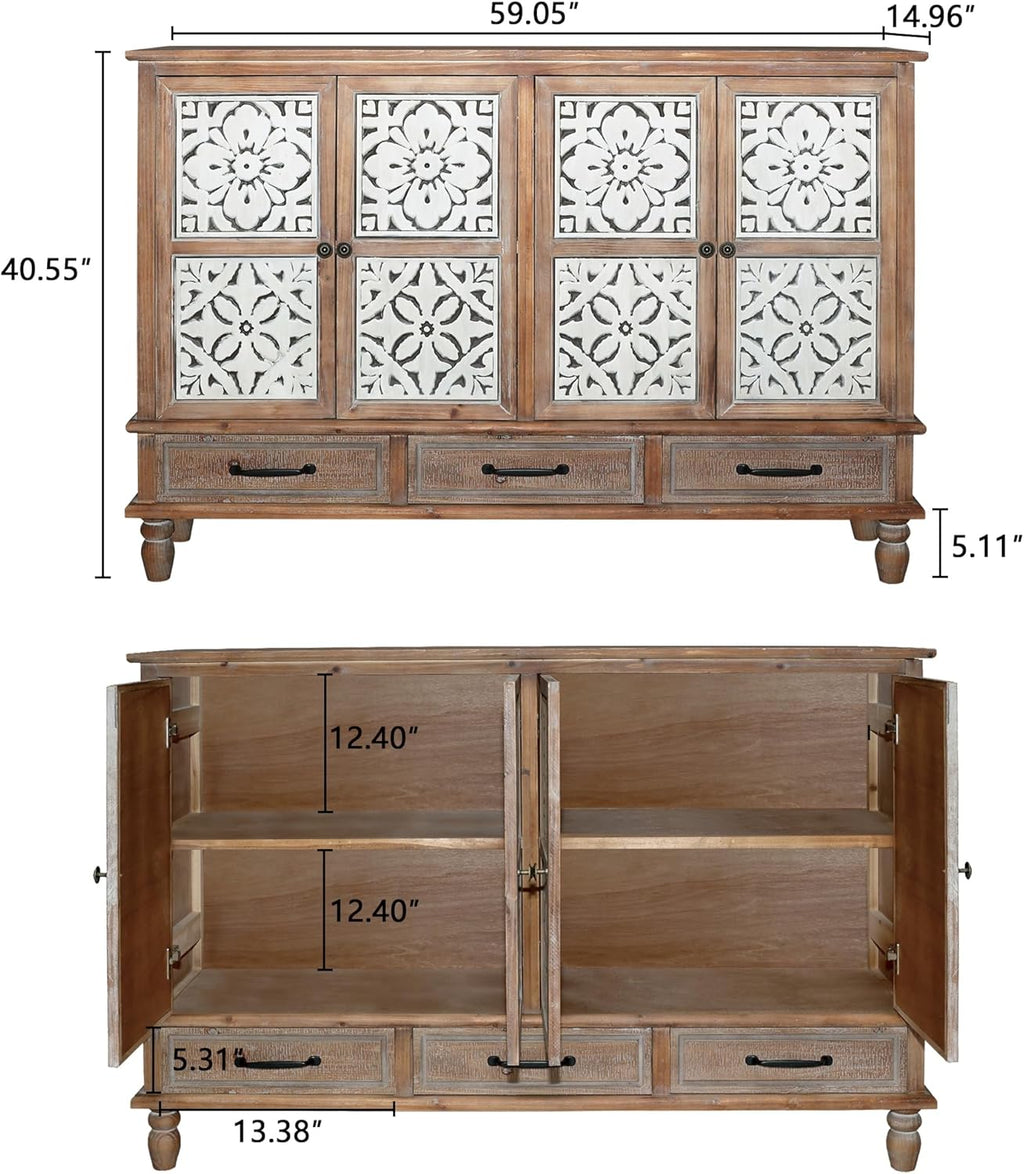 LKTART 59' Vintage Sideboard Buffet Cabinet with Storage,French Country Sideboard with Carved Doors,Farmhouse Credenza Accent Cabinet, Natural Wood