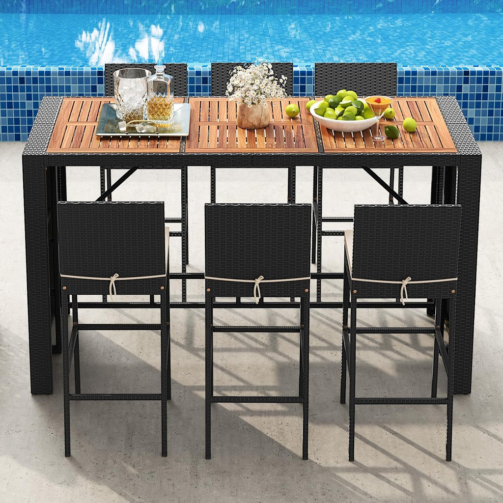 Tangkula 7 Piece Patio Wicker Bar Set, Patiojoy Outdoor Acacia Wood Bar Height Table & 6 Rattan Bar Stool Chairs with Backrest and Footrest, for Bistro Garden Balcony