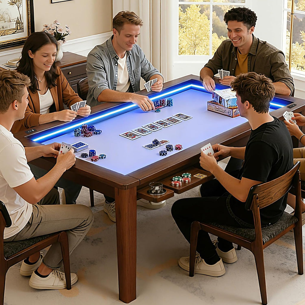 Haddockway Solid Wood Board Game Table with Colorful Led Lights, Dining/Gaming Table for 4-6 Players with Charge Station,Removable Top, Play Mat, 6 Cup Holders & Trays (Warm Walnut)