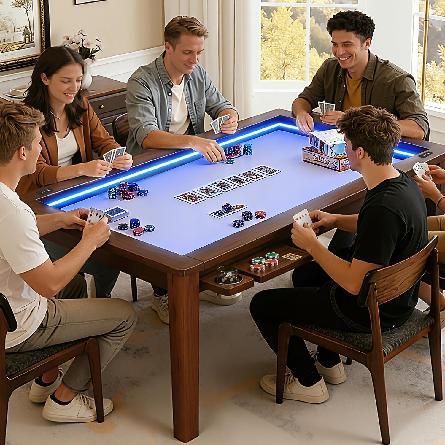 Haddockway Solid Wood Board Game Table with Colorful Led Lights, Dining/Gaming Table for 4-6 Players with Charge Station,Removable Top, Play Mat, 6 Cup Holders & Trays (Warm Walnut)