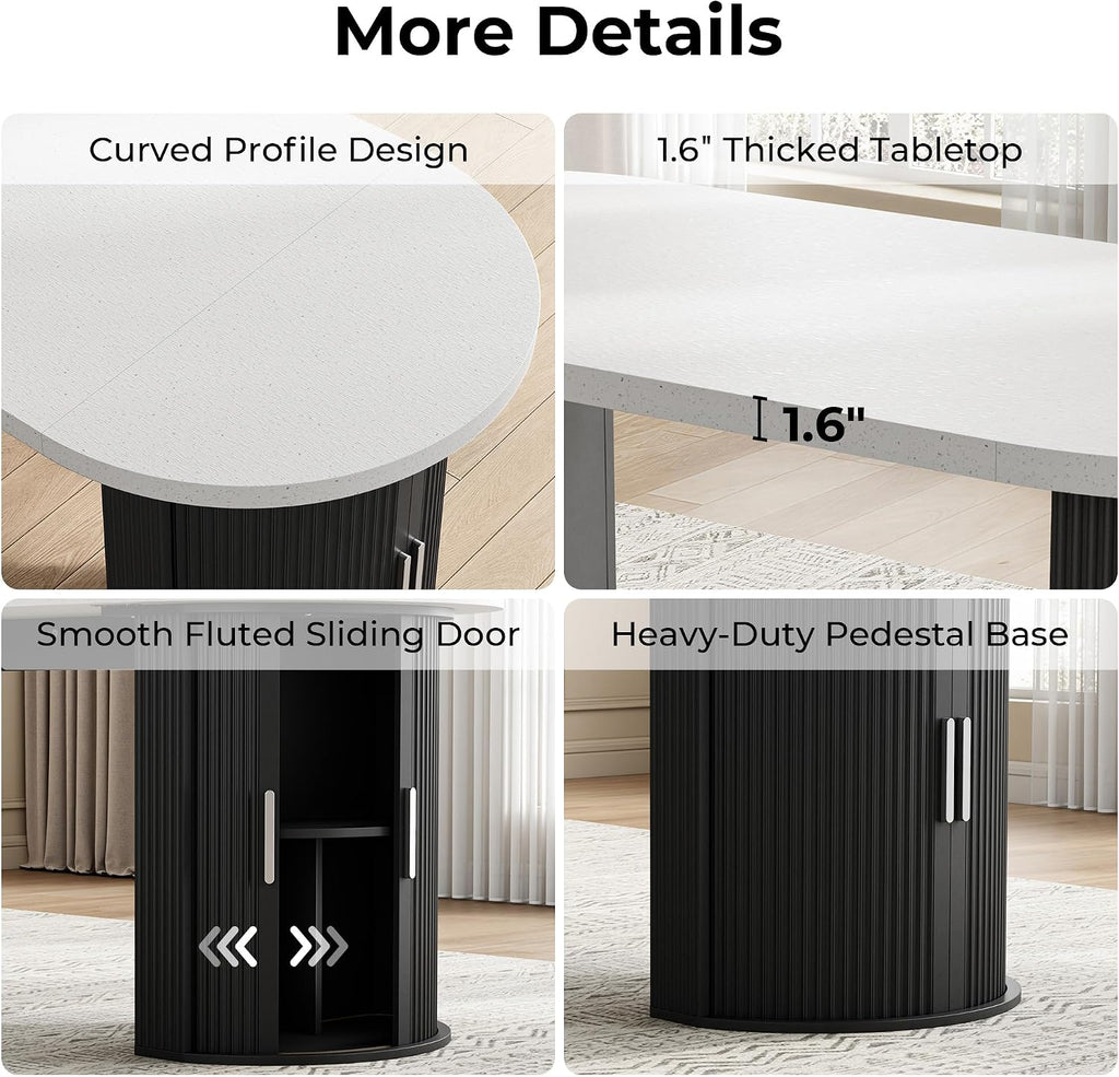 IRONCK 71' Oval Dining Table for 4-8, Modern Farmhouse Dining Table with Hidden Storage & Fluted Base, 1.6' Thick Faux Quartz Top, Dinner Table for Dining Room Kitchen Home Office, Black