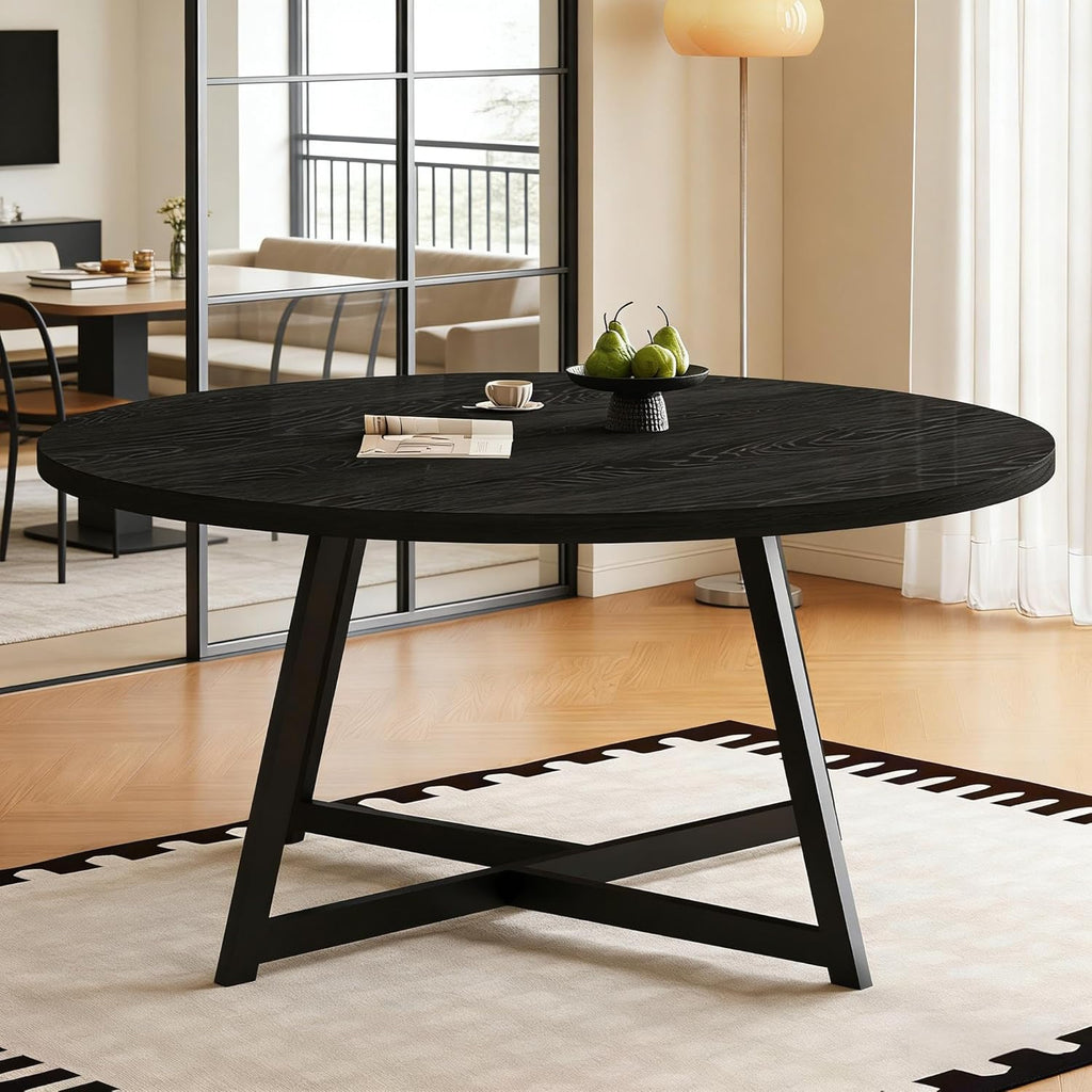 Large Round Dining Table for 6-8, Wooden Dinner Table with Heavy Duty Metal Pedestal Base, for Kitchen Living Room, Space Saving, 59 Inch, Black