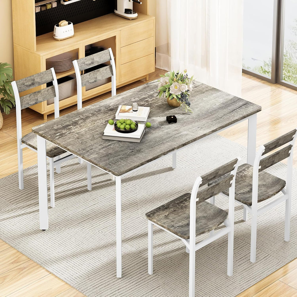 Recaceik Dining Table Set for 4 Wood Kitchen Table Chairs Set, 47 '' Farmhouse 5 Piece Dining Room Table Set, Space-Saving Dinette Set for Breakfast Nook, Apartment, Grey