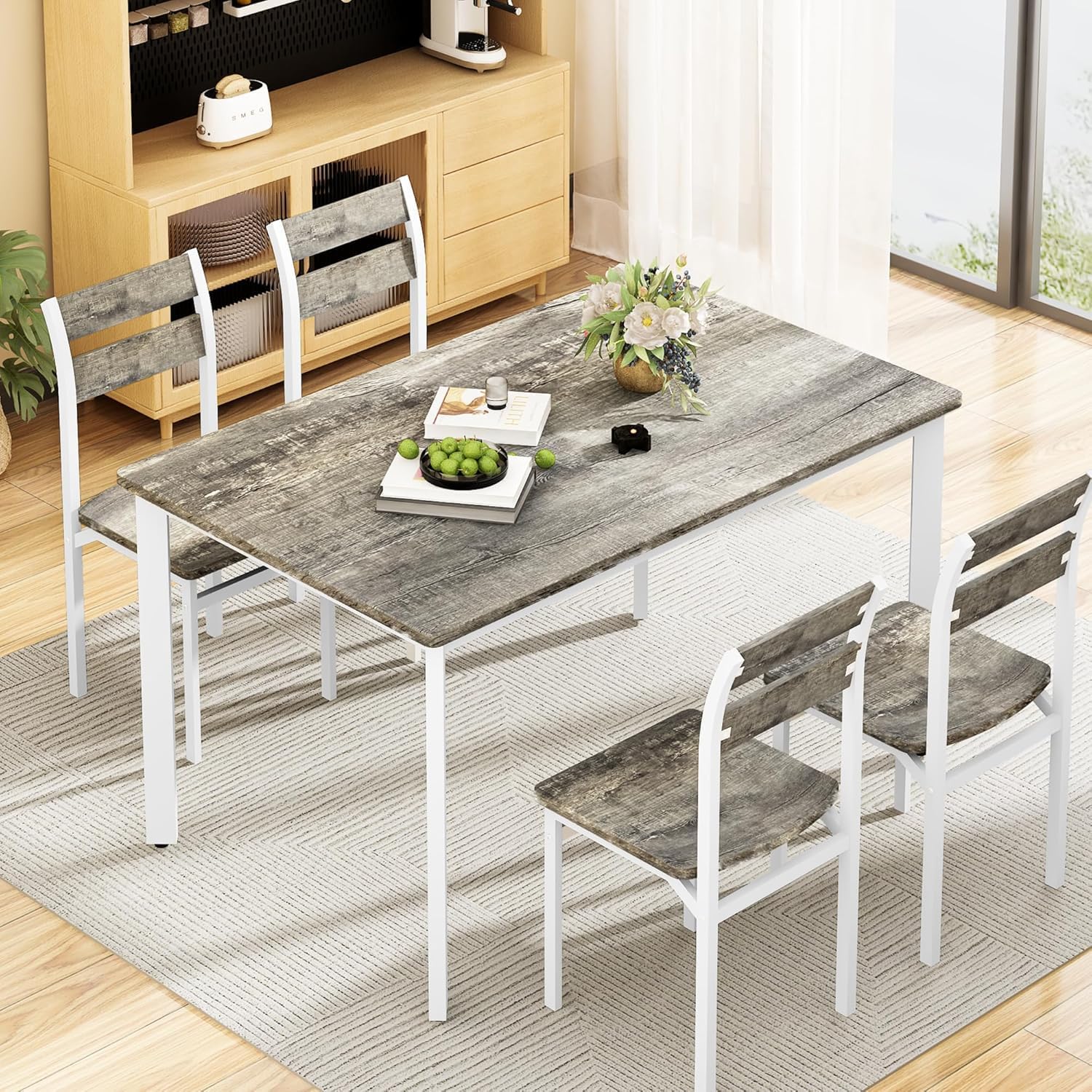 Recaceik Dining Table Set for 4 Wood Kitchen Table Chairs Set, 47 '' Farmhouse 5 Piece Dining Room Table Set, Space-Saving Dinette Set for Breakfast Nook, Apartment, Grey