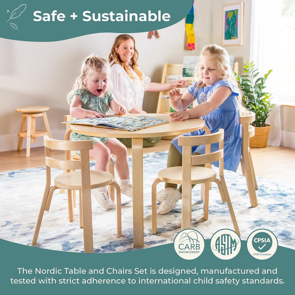 Guidecraft Nordic Table and Chair Set- Natural: Wooden Kids Table with 4 Chairs, Bentwood Classroom Activity Seating for Crafting & Reading, Kids Play Montessori Furniture for Playroom & Homeschool