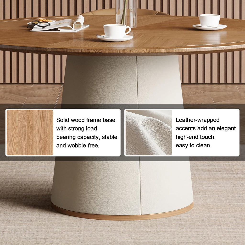 Round Faux Leather Base Dining Table for 4-6 People, Modern Wood Kitchen Table with Solid Veneer Top, 59.05' (59.1 inches (Diameter) x 29.8 inches (Height))