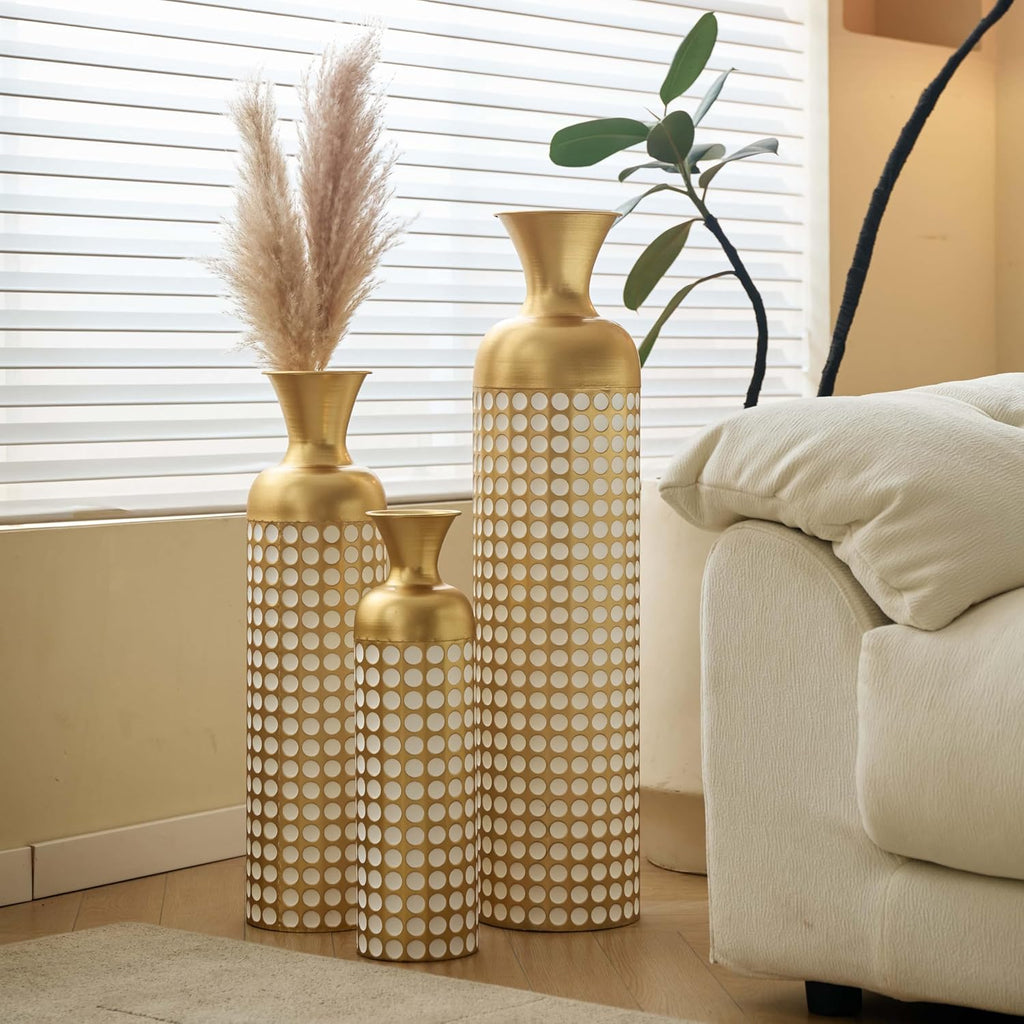 Set of 3 Metal Decorative Floor Vases – Tall Gold Modern Vase for Home Decor, Large Floor Vases for Living Room, Entryway & Office, Elegant Cylinder Vase for Wedding, Dried Flowers (Brass+White)