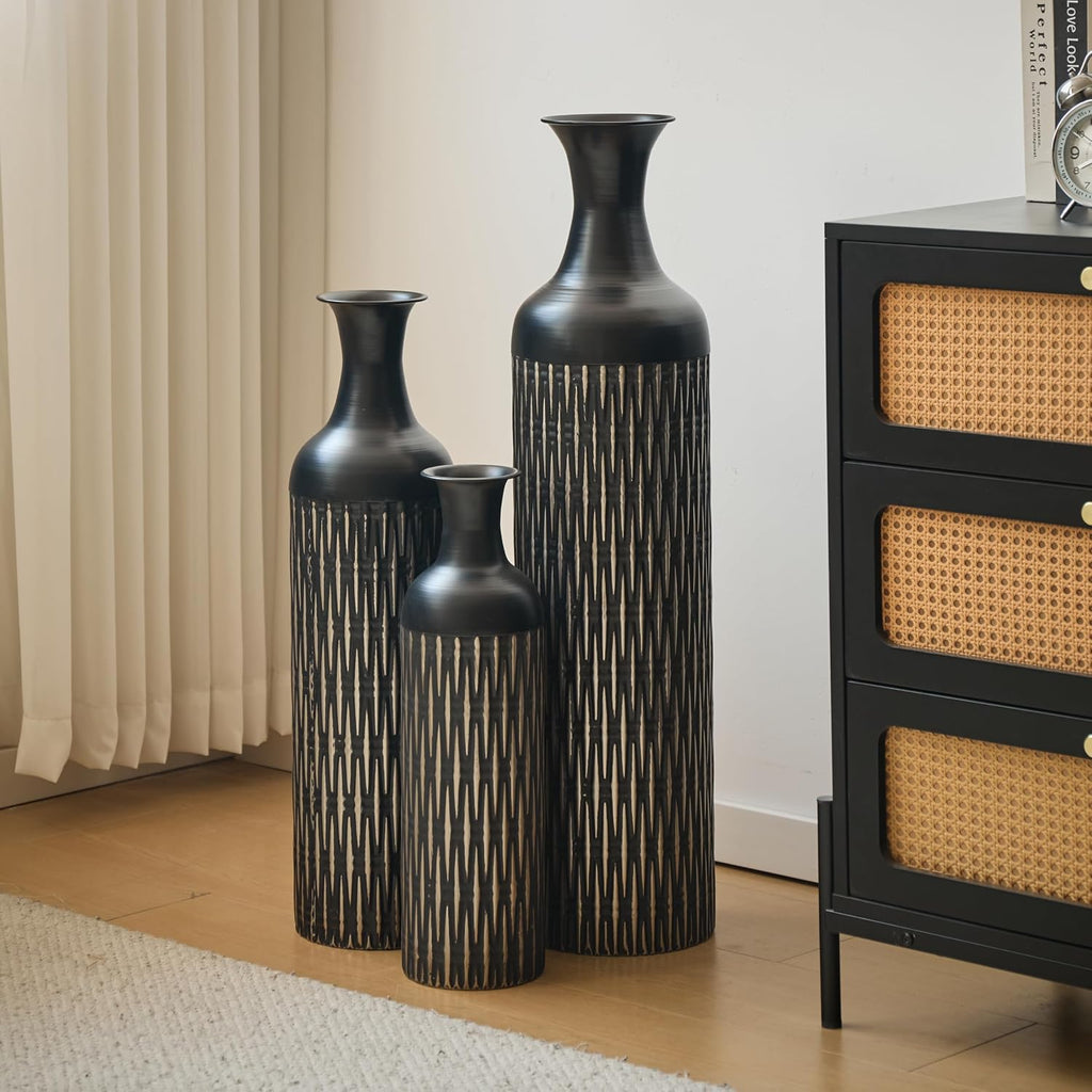 Floor Metal Decorated Vases Set of 3 for Gorgeous Home Decoration Large Glazed Metal Vases (Black+Metal)
