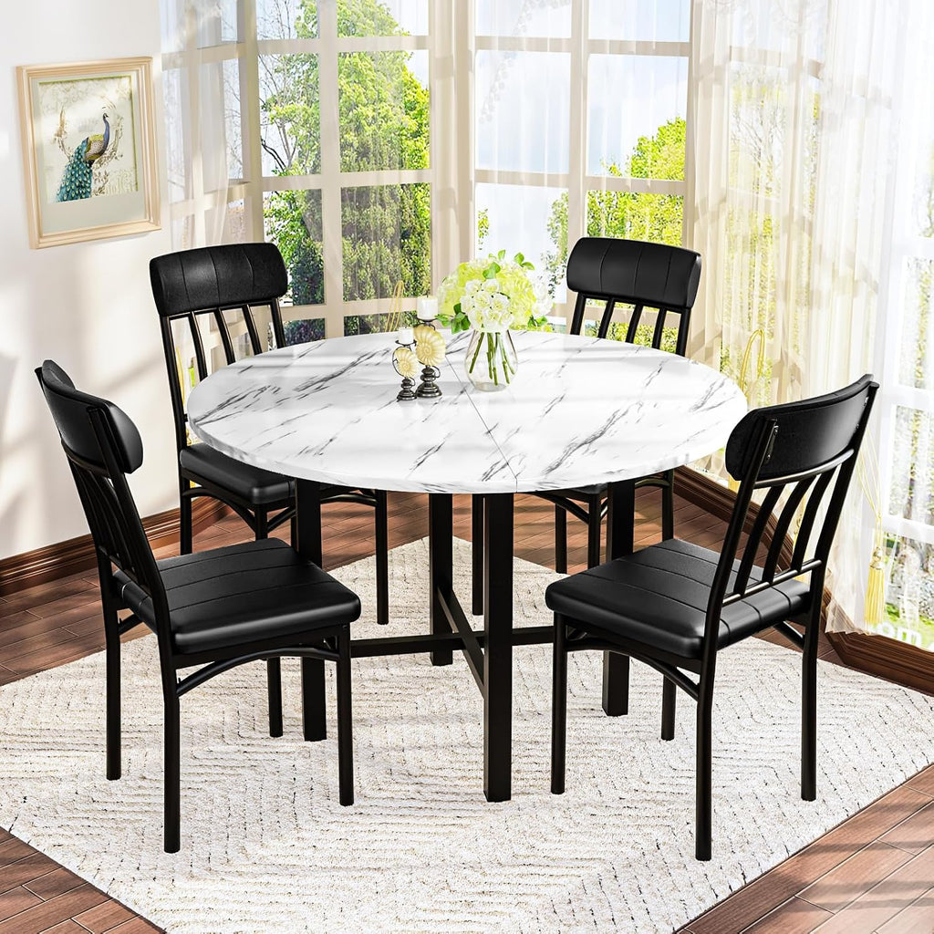 AWQM Round Dining Table Set for 4,Faux Marble Circle Dining Table Set with Chairs,Modern Kitchen Table and Chairs Set for 4,Round Dinner Table & Chair Set for Small Space,White