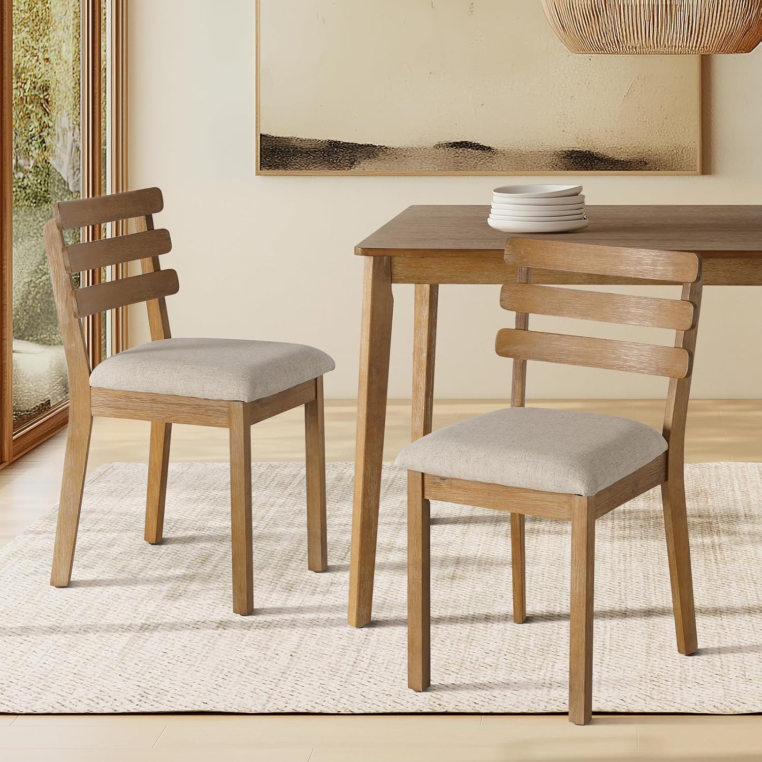 SIMTONAL 4-Piece Farmhouse Dining Set, Wooden Table with 2 Chairs, Bench Seat, Mid-Century Modern Wooden Table & Upholstered Chair Set for Home, Kitchen, Dining Room, Solidwood Legs