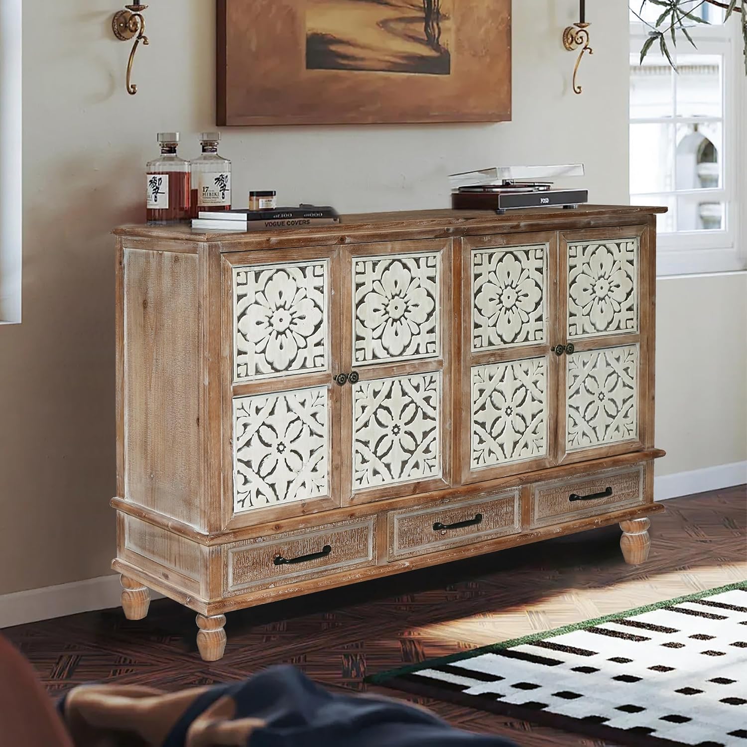 LKTART 59' Vintage Sideboard Buffet Cabinet with Storage,French Country Sideboard with Carved Doors,Farmhouse Credenza Accent Cabinet, Natural Wood