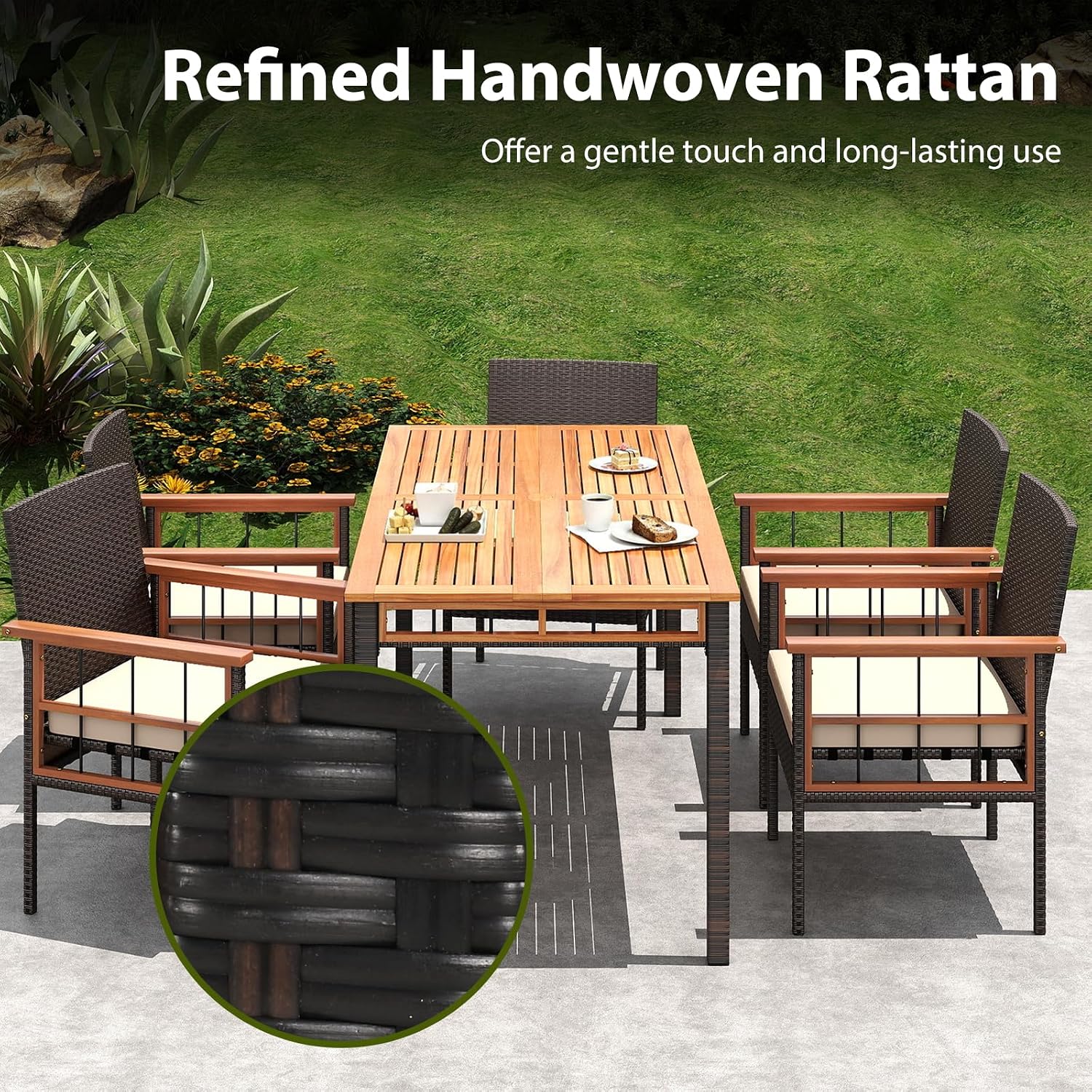 HAPPYGRILL Acacia Wood Outdoor Dining Table 63', 4-6 Person Rectangular Metal Patio Table with Umbrella Hole and Rattan Legs, Slatted Outdoor Furniture for Garden, Poolside, Backyard and Deck