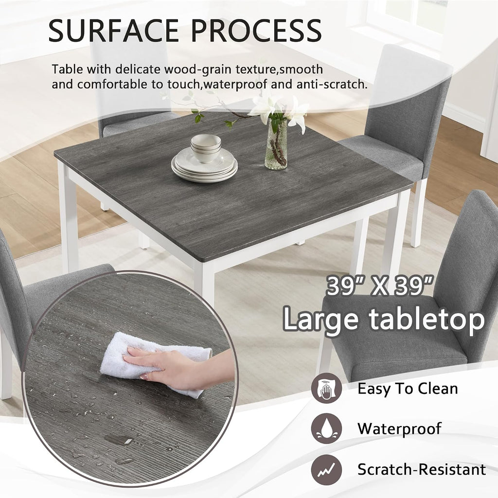 KEIKI 5-Piece Standard Height Dining Table Set with Square Table and 4 Upholstered Curved Backrset Chair, for 4 Person, Modern Wooden Table Set, Easy Assembly, for Kitchen, Dining Room, White+Gray