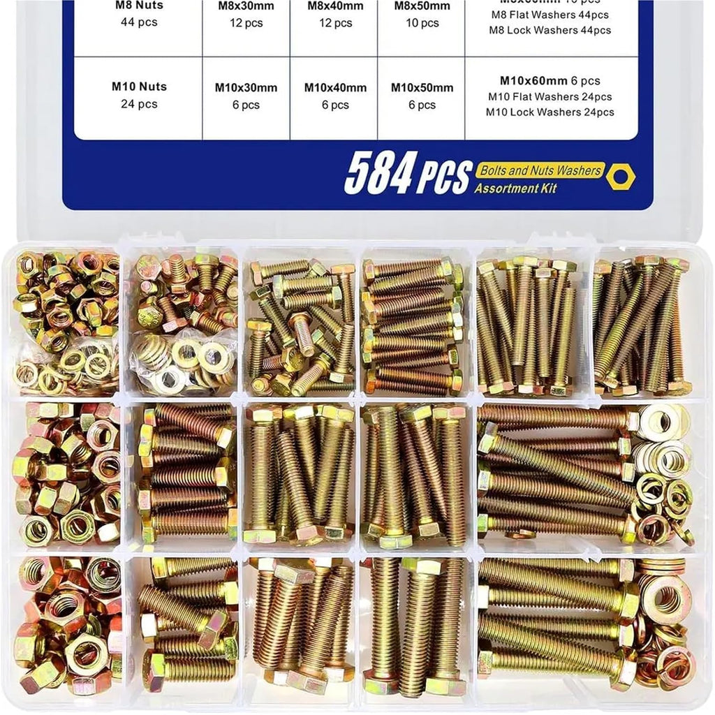 Set Screw Assortment Kit 584PCS Grade 8. Alloy Steel Hex Heavy Duty Bolt Kit with Nuts, Screws, Washers for Homeowners,DIYers,Mechanics,Industrial Workers