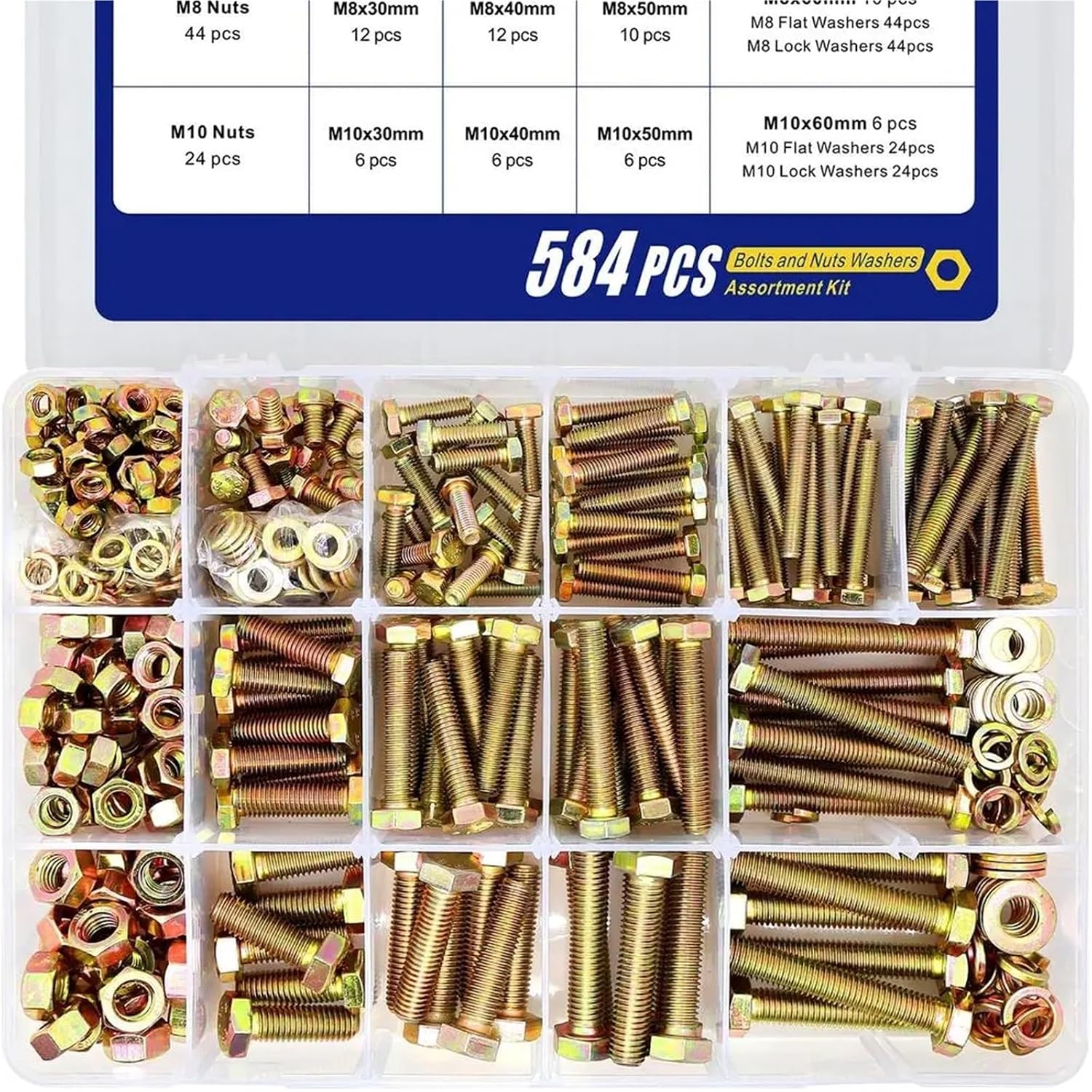 Set Screw Assortment Kit 584PCS Grade 8. Alloy Steel Hex Heavy Duty Bolt Kit with Nuts, Screws, Washers for Homeowners,DIYers,Mechanics,Industrial Workers