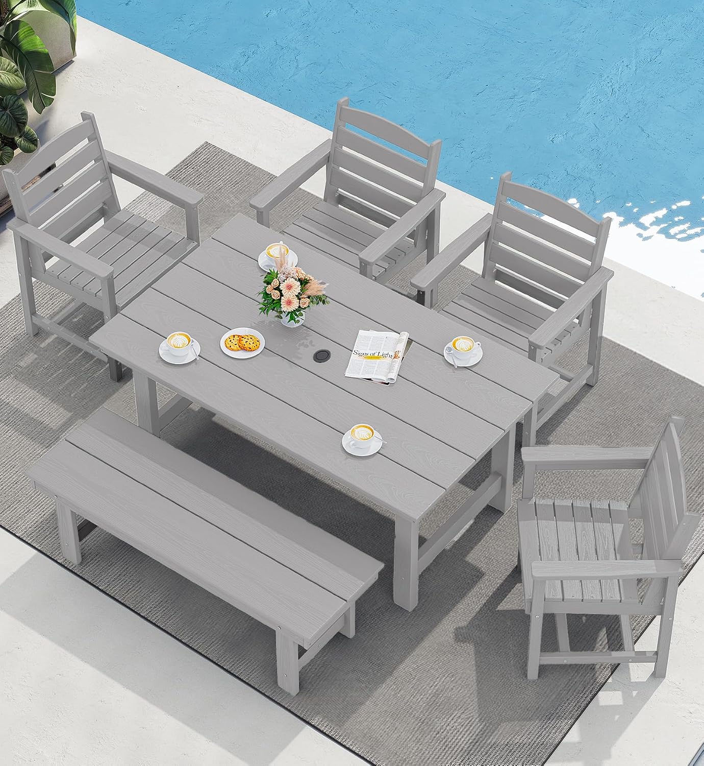 SERWALL Patio Dining Table and Bench Set for 6, Light Gray
