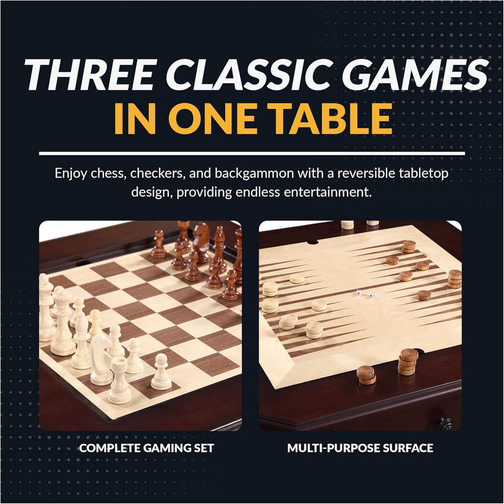 Hathaway Fortress 3 in 1 Chess, Checkers & Backgammon Pedestal Game Table and Chairs Set – Multipurpose Chess Table Furniture w/ Reversible Tabletop, Storage Drawers & Complete Accessories - Mahogany
