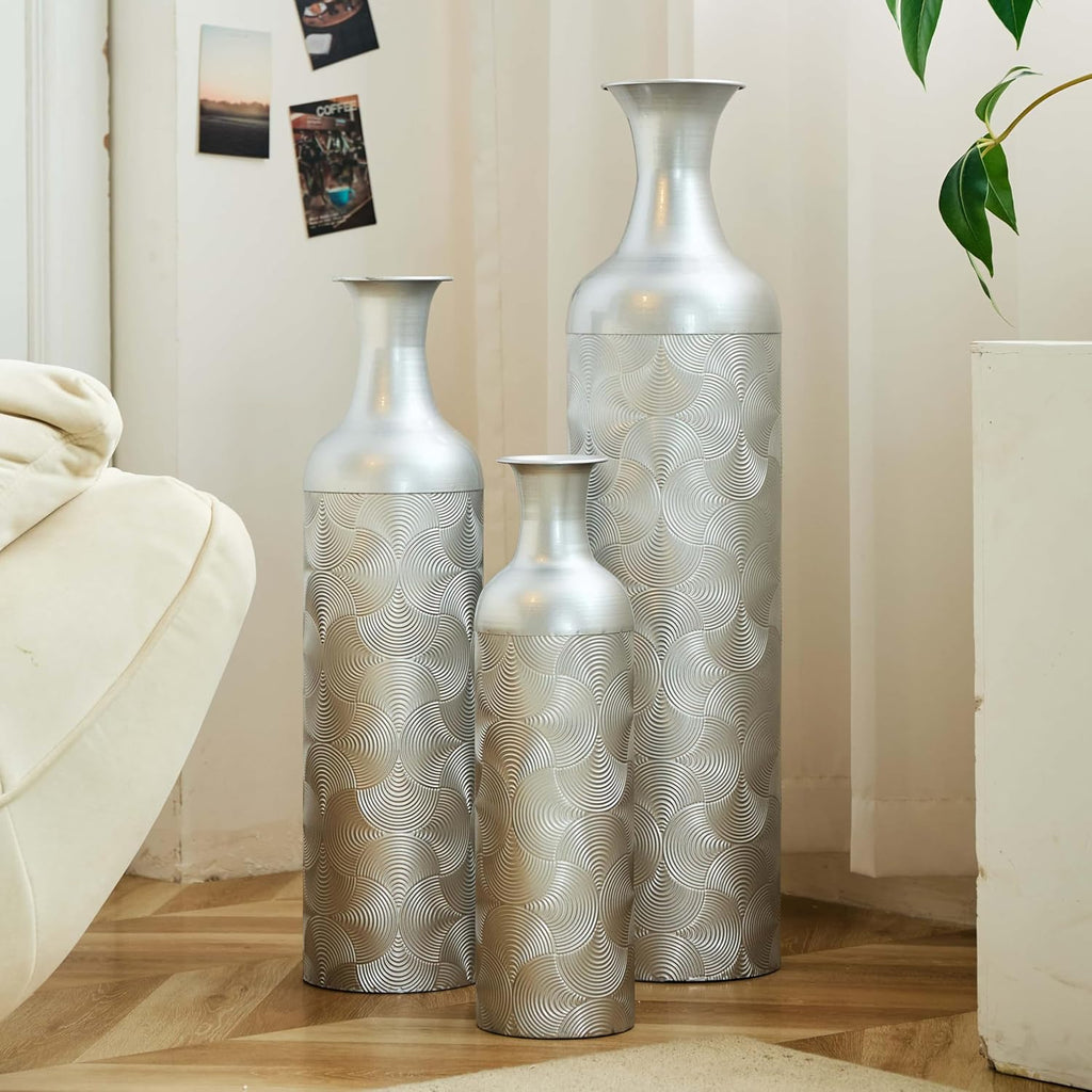 Metal Floor Vases Set of 3, Tall Vase for Floor Decoration with Modern Wave Pattern, Large Decorative Floor Vases for Living Room, Tall Cylinder Flower Vase for Home Office Décor (Silver)