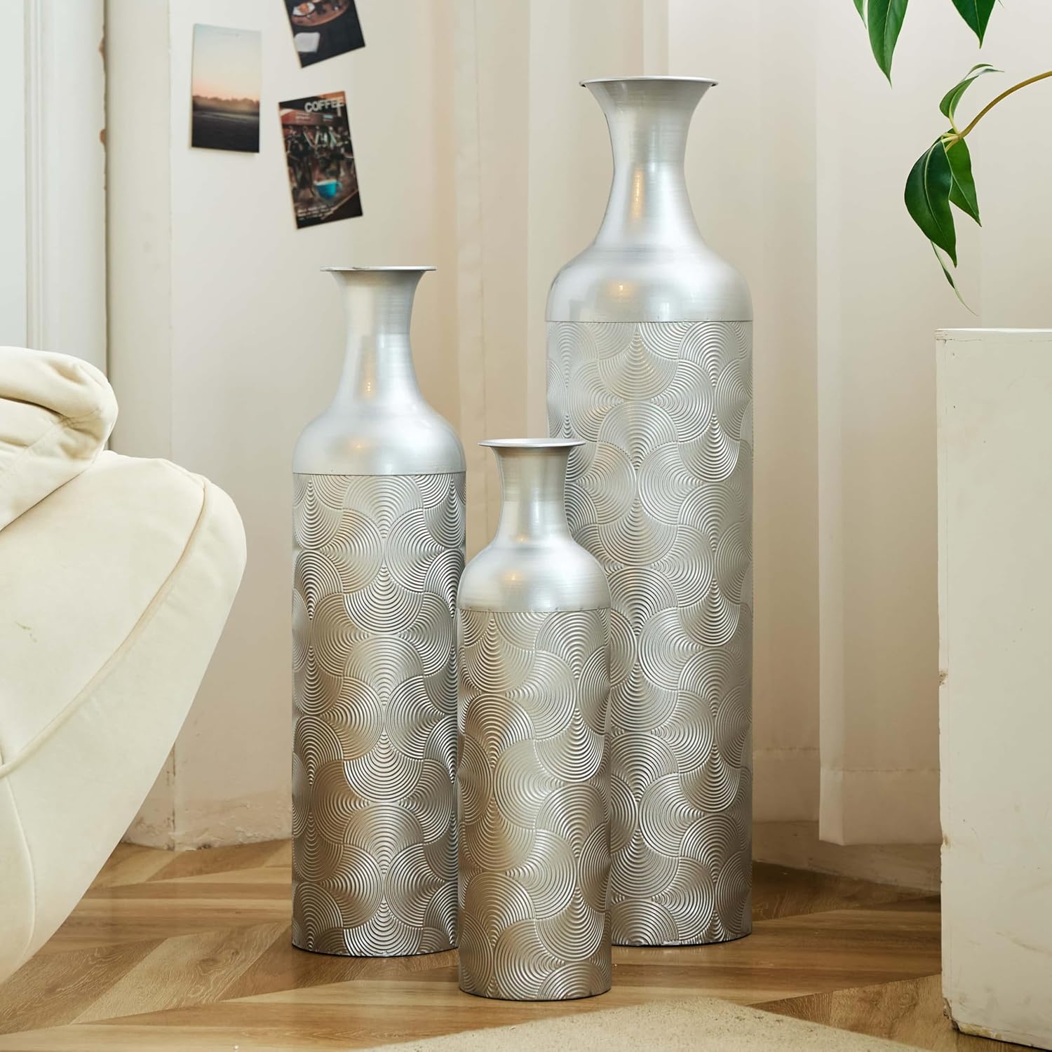 Metal Floor Vases Set of 3, Tall Vase for Floor Decoration with Modern Wave Pattern, Large Decorative Floor Vases for Living Room, Tall Cylinder Flower Vase for Home Office Décor (Silver)
