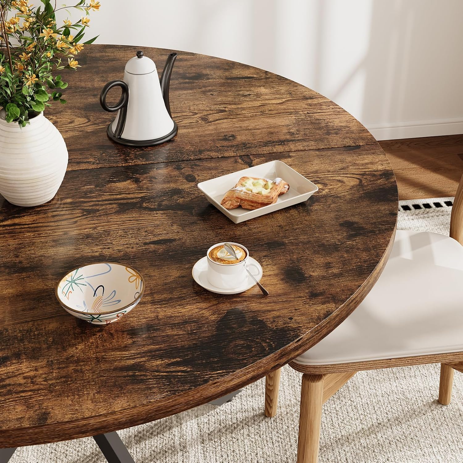 Vantic 47' Round Dining Table for 4-6 People, Farmhouse Wood Kitchen Table for Small Space,Circle Dining Table with Metal Base for Kitchen & Living Room, Rustic Brown