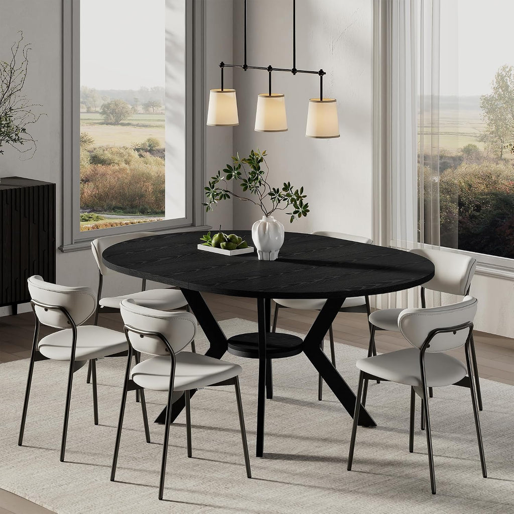 42'-58' Extendable Round Dining Table with Built-in Flip Leaf, Modern Oval Kitchen Table for 4-6, Space-Saving Small Room Furniture with Storage Shelf and X-Shaped Metal Base for Kitchen, Dining Room
