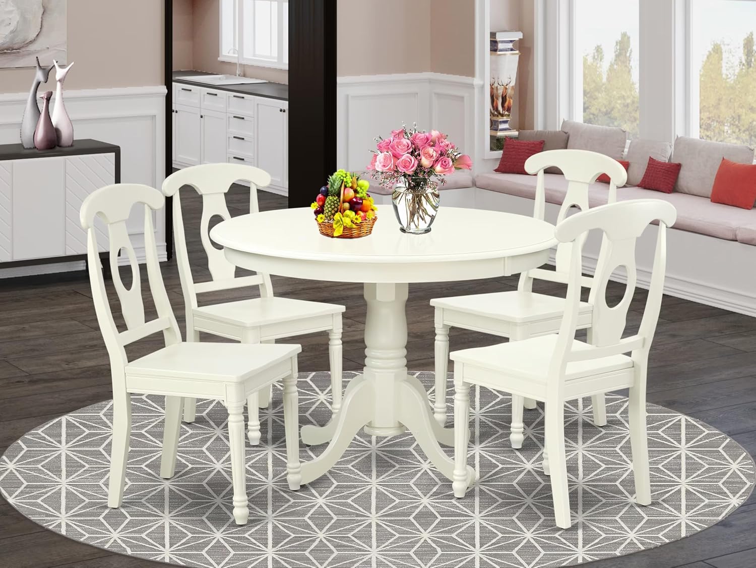 East West Furniture HLKE5-LWH-W 5 Piece Dining Room Table Set Includes a Round Kitchen Table with Pedestal and 4 Dining Chairs, 42x42 Inch, Linen White