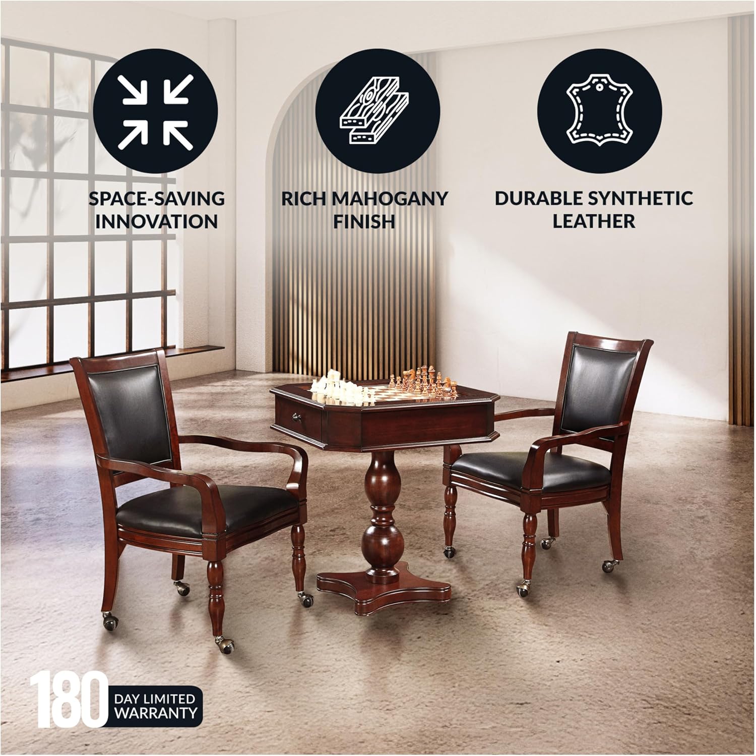 Hathaway Fortress 3 in 1 Chess, Checkers & Backgammon Pedestal Game Table and Chairs Set – Multipurpose Chess Table Furniture w/ Reversible Tabletop, Storage Drawers & Complete Accessories - Mahogany