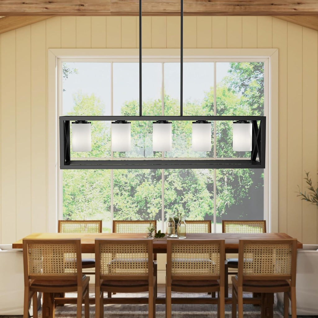 Black White Dining Room Light Fixture - 5 Light Rectangle Light Fixtures with Milk White Glass Shade & Adjustable Height & Thickened Metal Dining Table Lights Fixture Chandeliers for DiningRoom