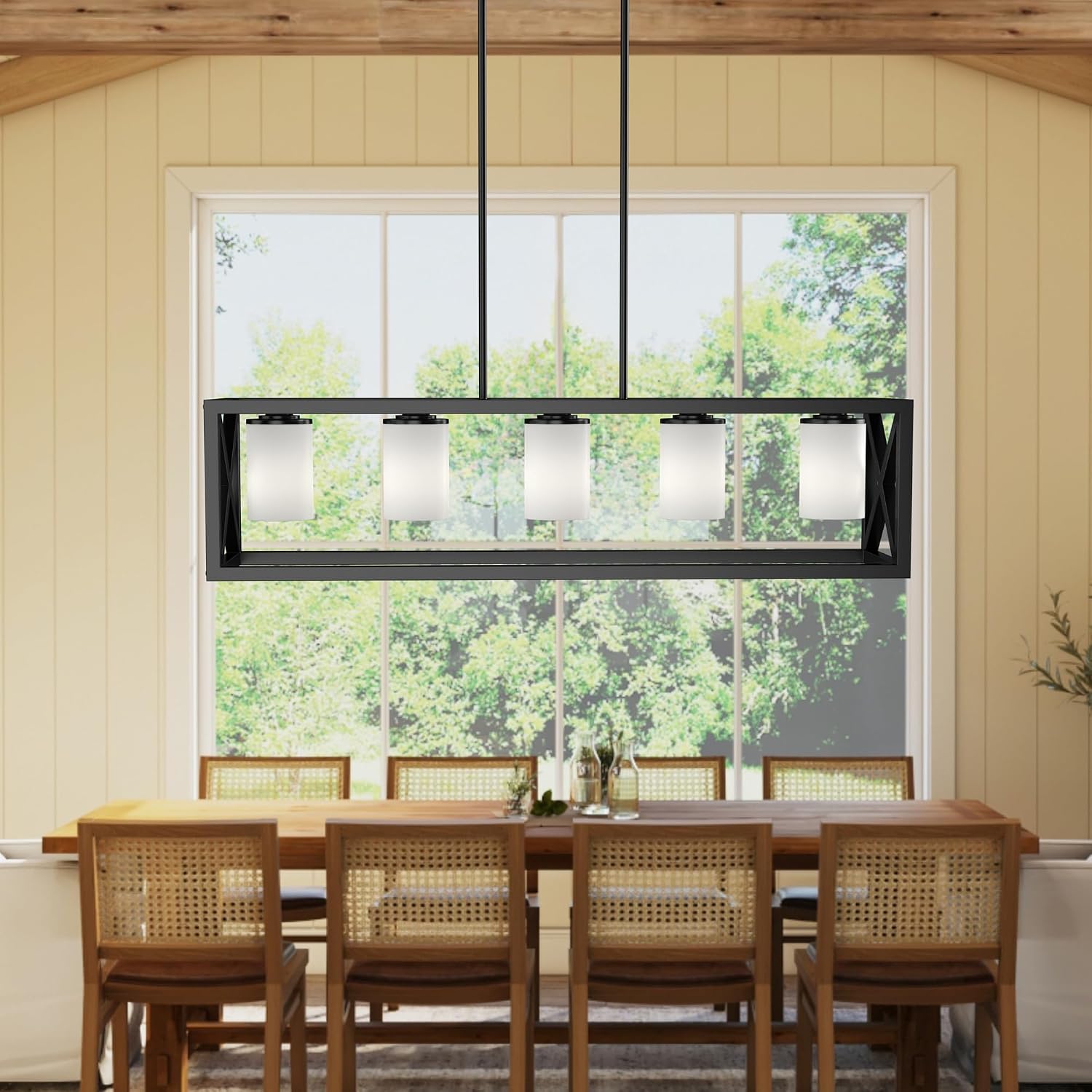 Black White Dining Room Light Fixture - 5 Light Rectangle Light Fixtures with Milk White Glass Shade & Adjustable Height & Thickened Metal Dining Table Lights Fixture Chandeliers for DiningRoom