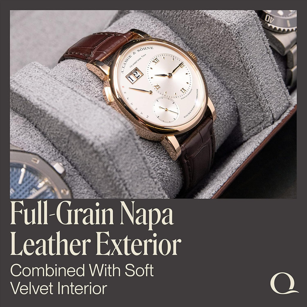 QWATCHBANDS Napa Leather Watch Rolls for Men - Hexagon Triple Watch Roll Travel Case for 3 Watches - Storage Organizer Genuine Leather with Velvet Interior Display (Brown/Gray)