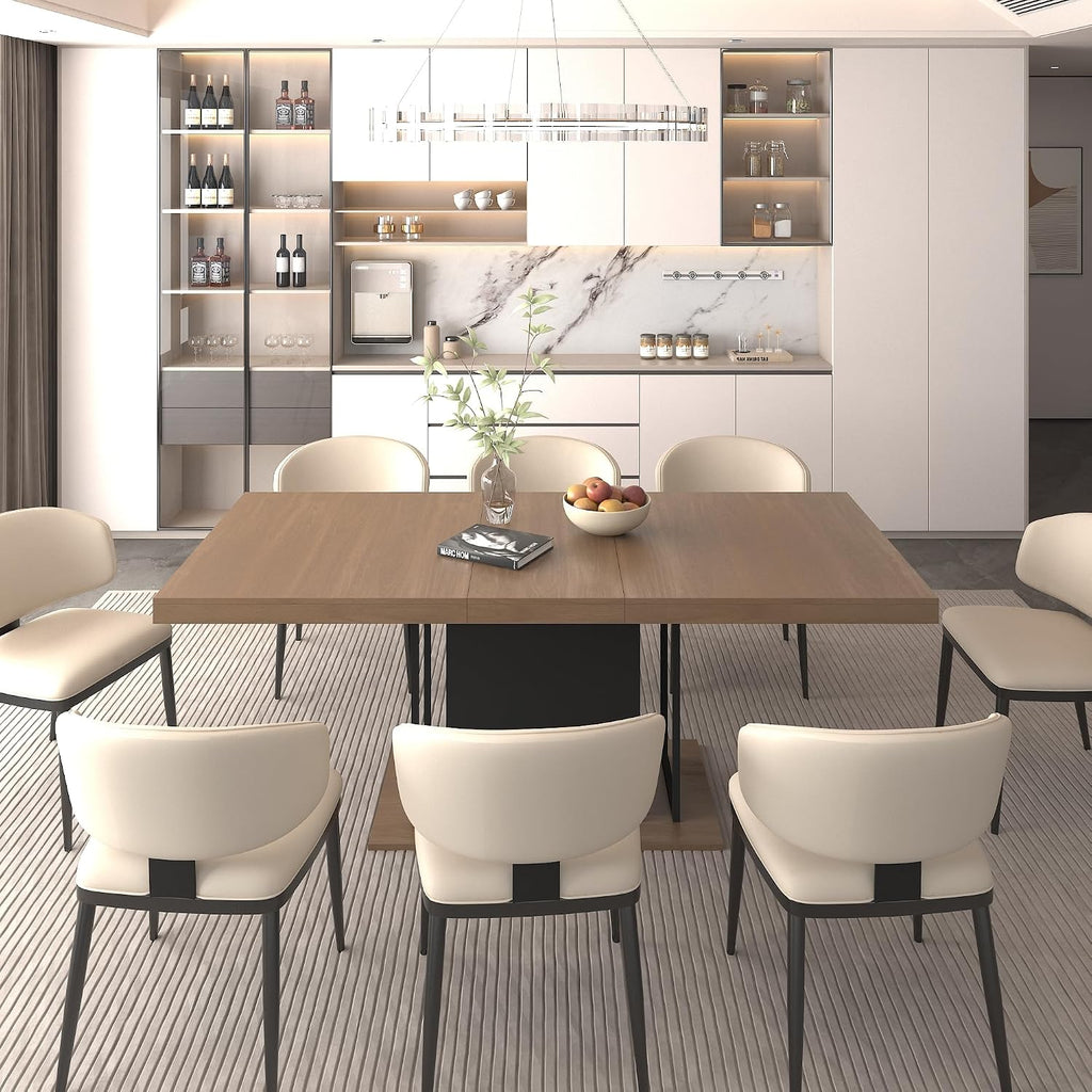 78.74'' Extendable Rectangular Dining Table for 4-8, Modern Mid-Century Wood Expandable Kitchen Dinner Conference Table for Living Room Office, Widen Pedestal Base, Black & Brown