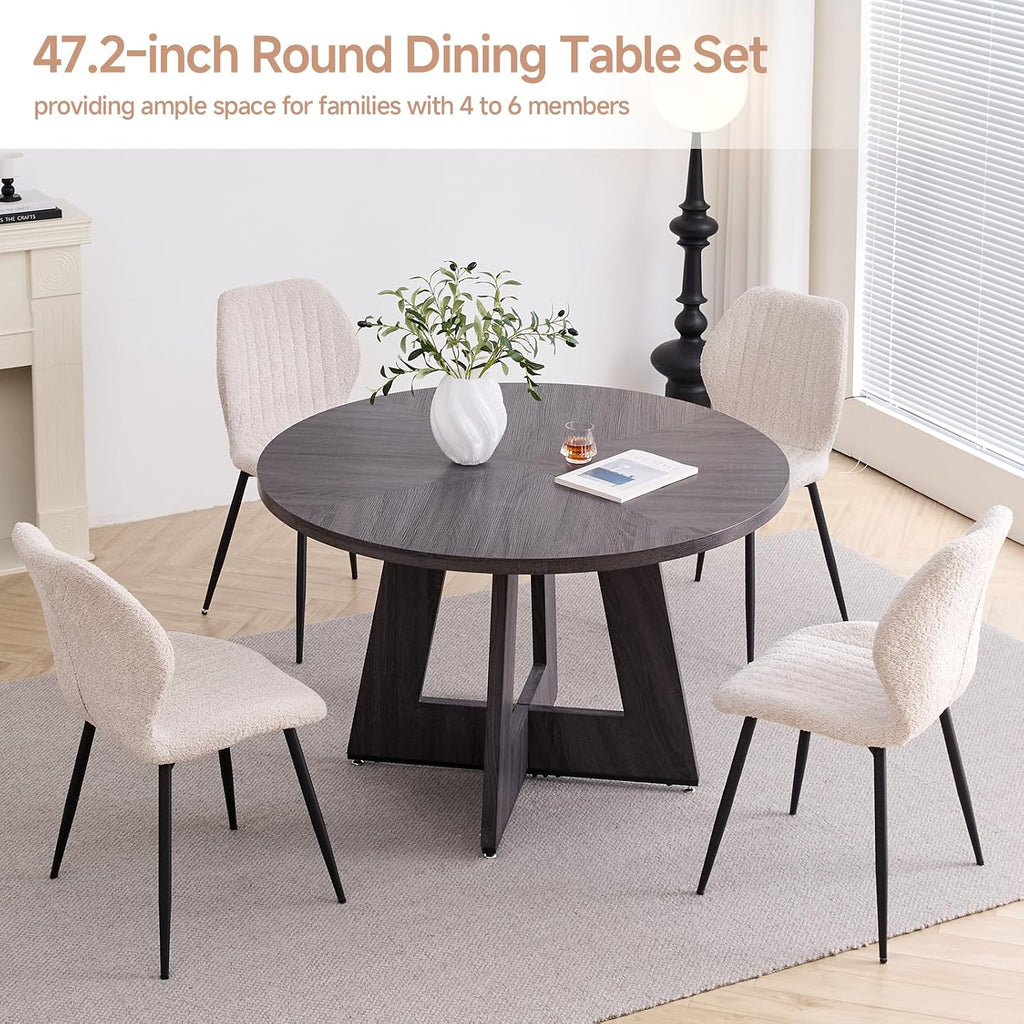 47' Round Dining Table Set for 4 with Chairs Kitchen Table and Chairs Set Mid-Century Modern Chair with Metal Leg for Apartment Living Room(Dark Gray Table with 4 Beige Chairs)
