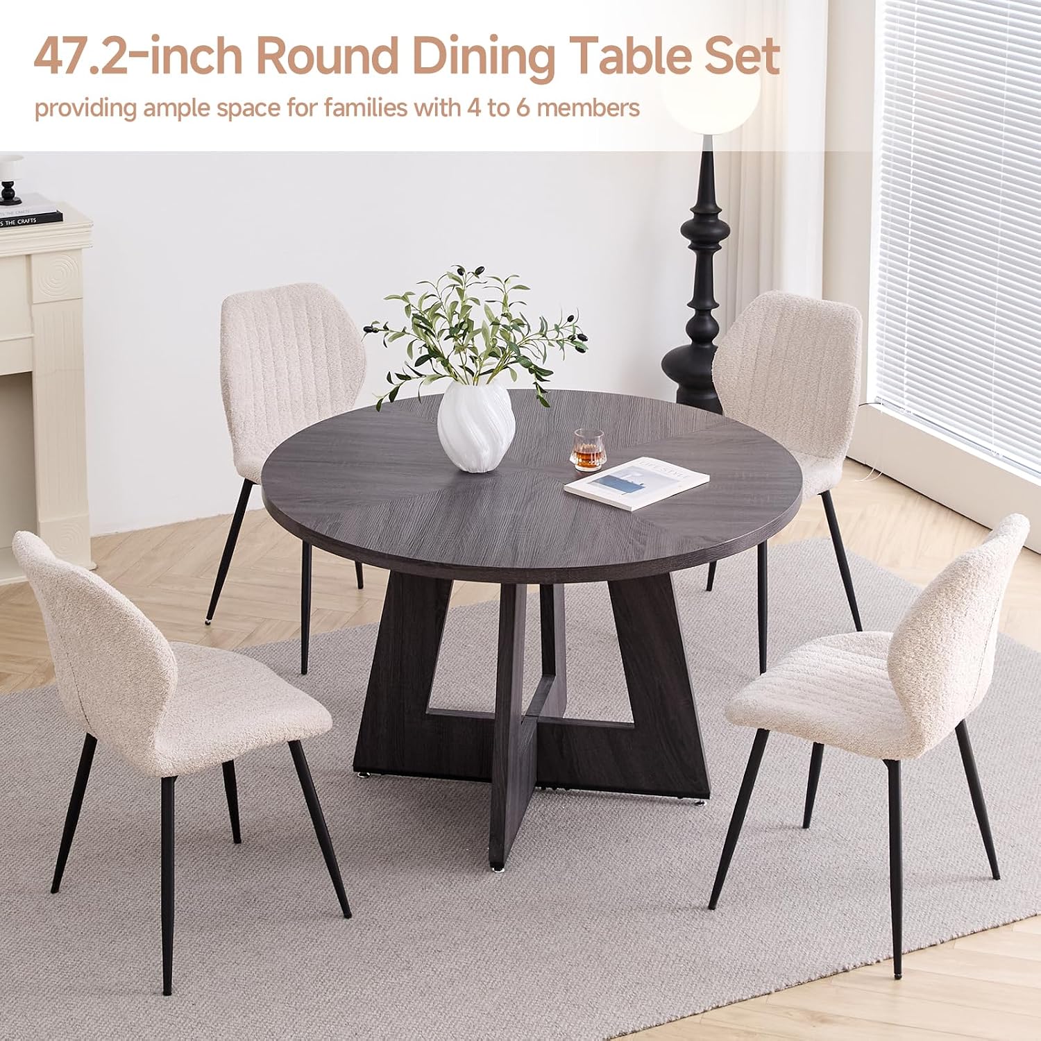 47' Round Dining Table Set for 4 with Chairs Kitchen Table and Chairs Set Mid-Century Modern Chair with Metal Leg for Apartment Living Room(Dark Gray Table with 4 Beige Chairs)