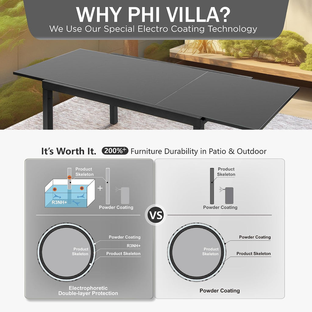 PHI VILLA Extra Large Expandable Patio Dining Table 99.2' × 35.5' Metal Outdoor Table for 6-10 Person, Metal Outdoor Dining Table with E-Coating for Garden Deck Yard- (Black)