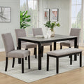 KEIKI 6-Piece Standard Height Dining Table Set with Rectangular Table, 4 Upholstered Curved Backrset Chair, Bench, for 6 Person, Modern Table Set, Easy Assembly, for Kitchen, Dining Room, Black+Gray
