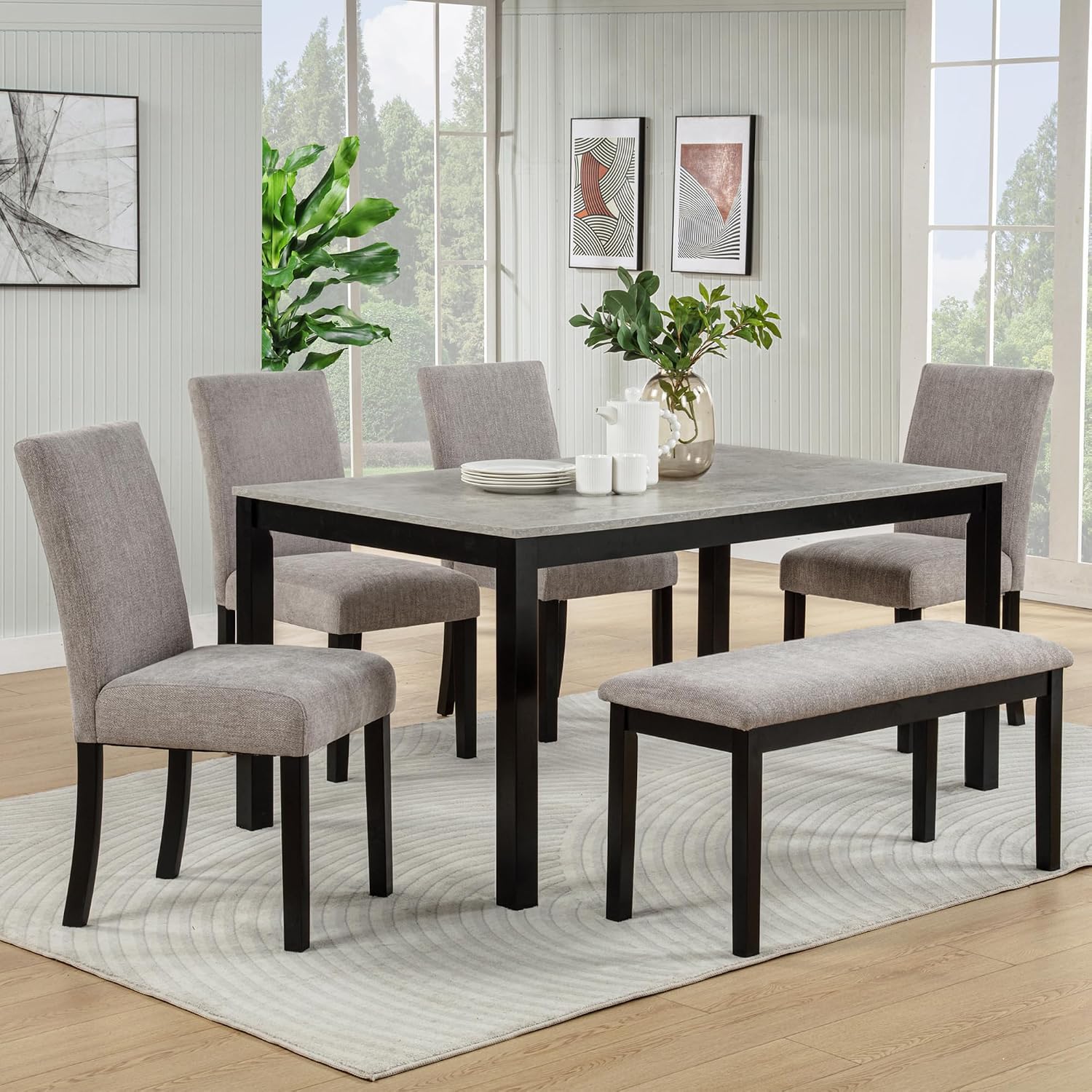 LUMISOL 6-Piece Dining Table Set with Bench, Solid Wood Kitchen Table Set with Concrete-Effect Tabletop and 4 Upholstered Chairs, Modern Dining Room Furniture, Grey & Black