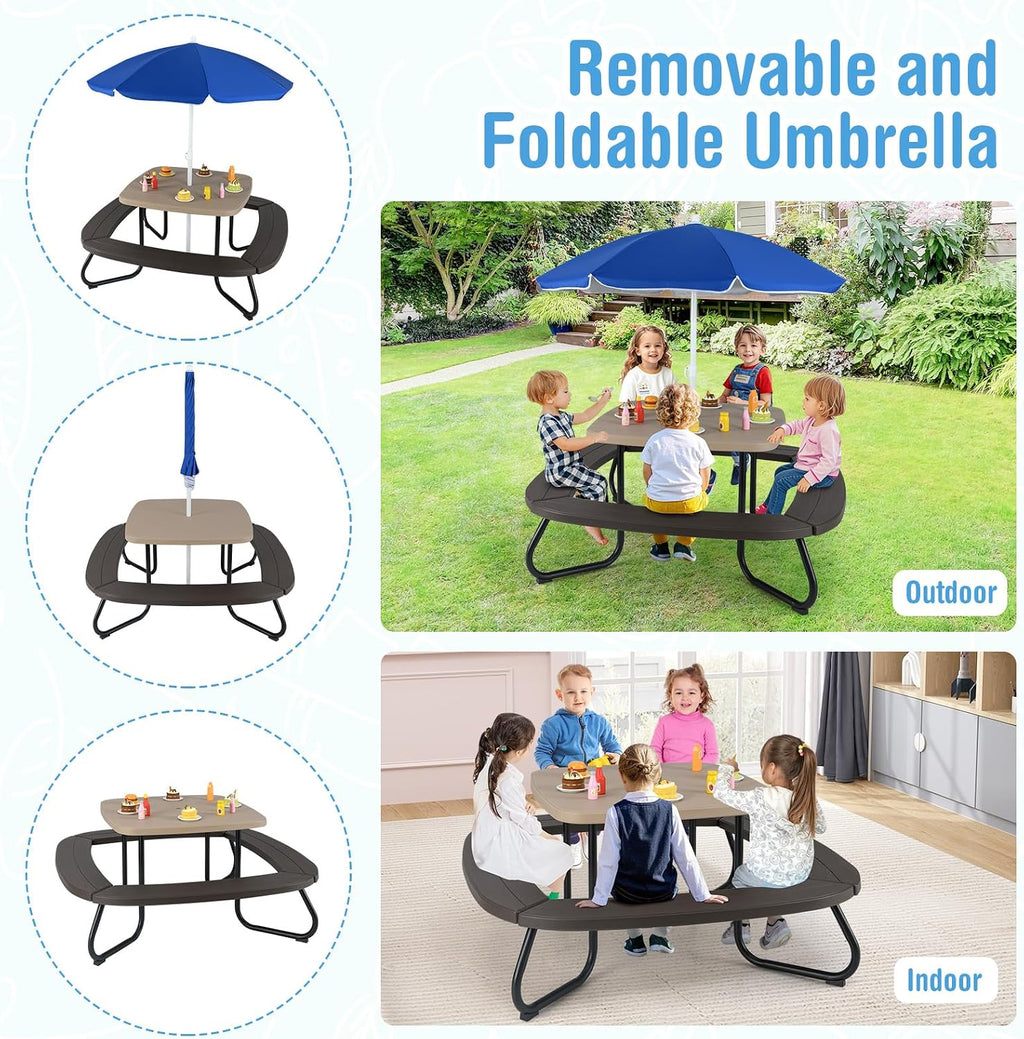 HONEY JOY Kids Picnic Table, 8 Person Toddler Outdoor Table and Chair Set, 4 Built-in Benches, Removable Umbrella, Metal Frame & HDPE Top, Children Outdoor Furniture for Backyard Patio Garden (Coffee)