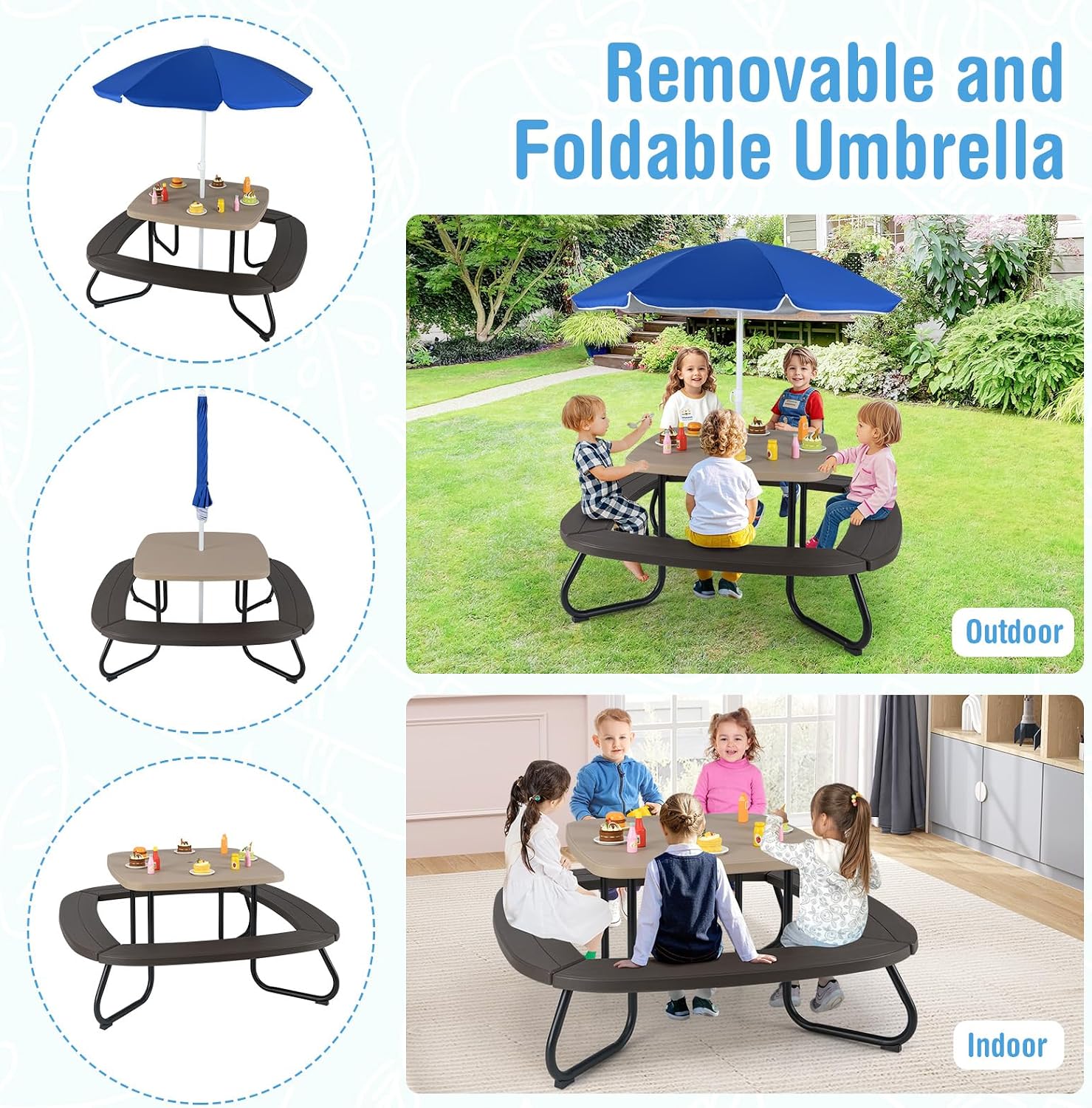 HONEY JOY Kids Picnic Table, 8 Person Toddler Outdoor Table and Chair Set, 4 Built-in Benches, Removable Umbrella, Metal Frame & HDPE Top, Children Outdoor Furniture for Backyard Patio Garden (Coffee)