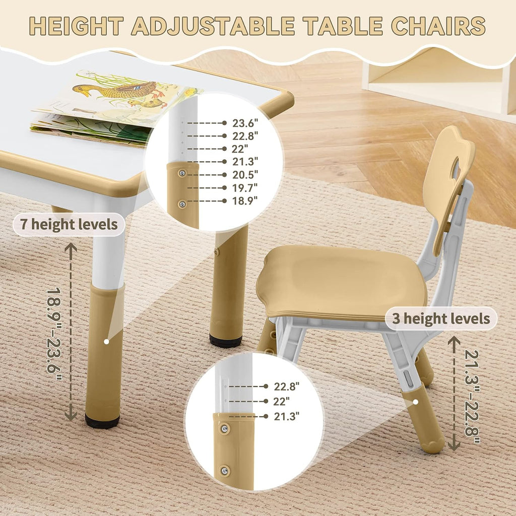 GITAWUSA Kids Study Table and Chairs Set, Height Adjustable Toddler Table and Chair Set for Kids Ages 3-8, Graffiti Desktop (Light Brown)