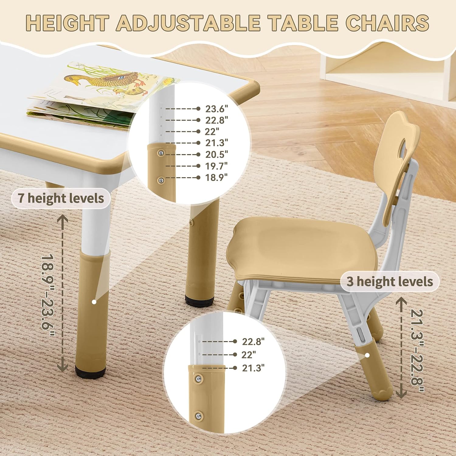 GITAWUSA Kids Study Table and Chairs Set, Height Adjustable Toddler Table and Chair Set for Kids Ages 3-8, Graffiti Desktop (Light Brown)
