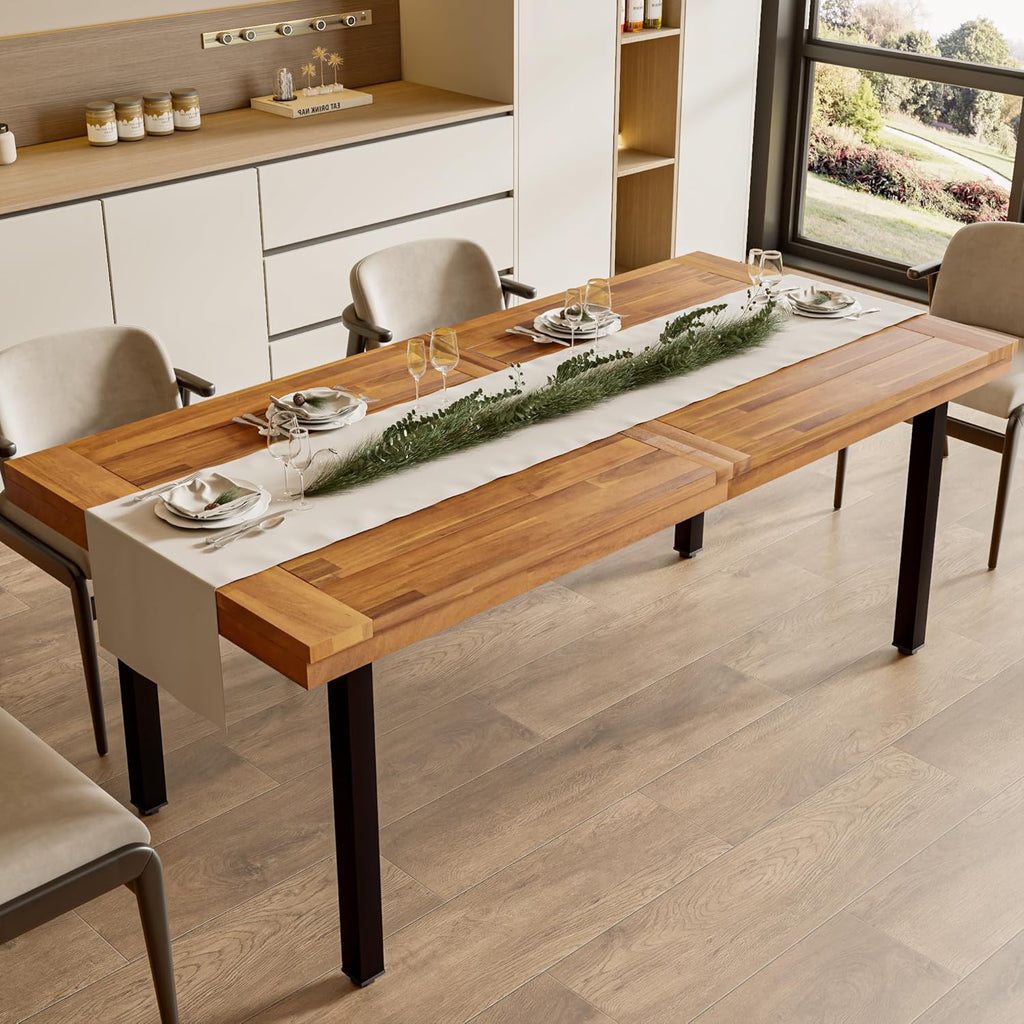 OFIKA Dining Table for 6-8 People, 70' Acacia Wood Rustic Rectangular Dinner Table with Metal Frame, Sandblast Finish, Natural Stained, Indoor Outdoor Kitchen Dining Room Table Large 70x33.2x30 inch