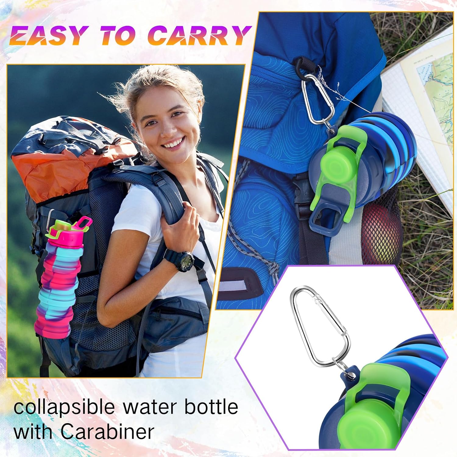 Sunnyray Collapsible Water Bottles Bulk Foldable Water Bottles 17oz Silicone Portable Leak Proof Reusable Sports with Clip for Travel Hiking Camping Outdoor(Colorful,40 Pack)